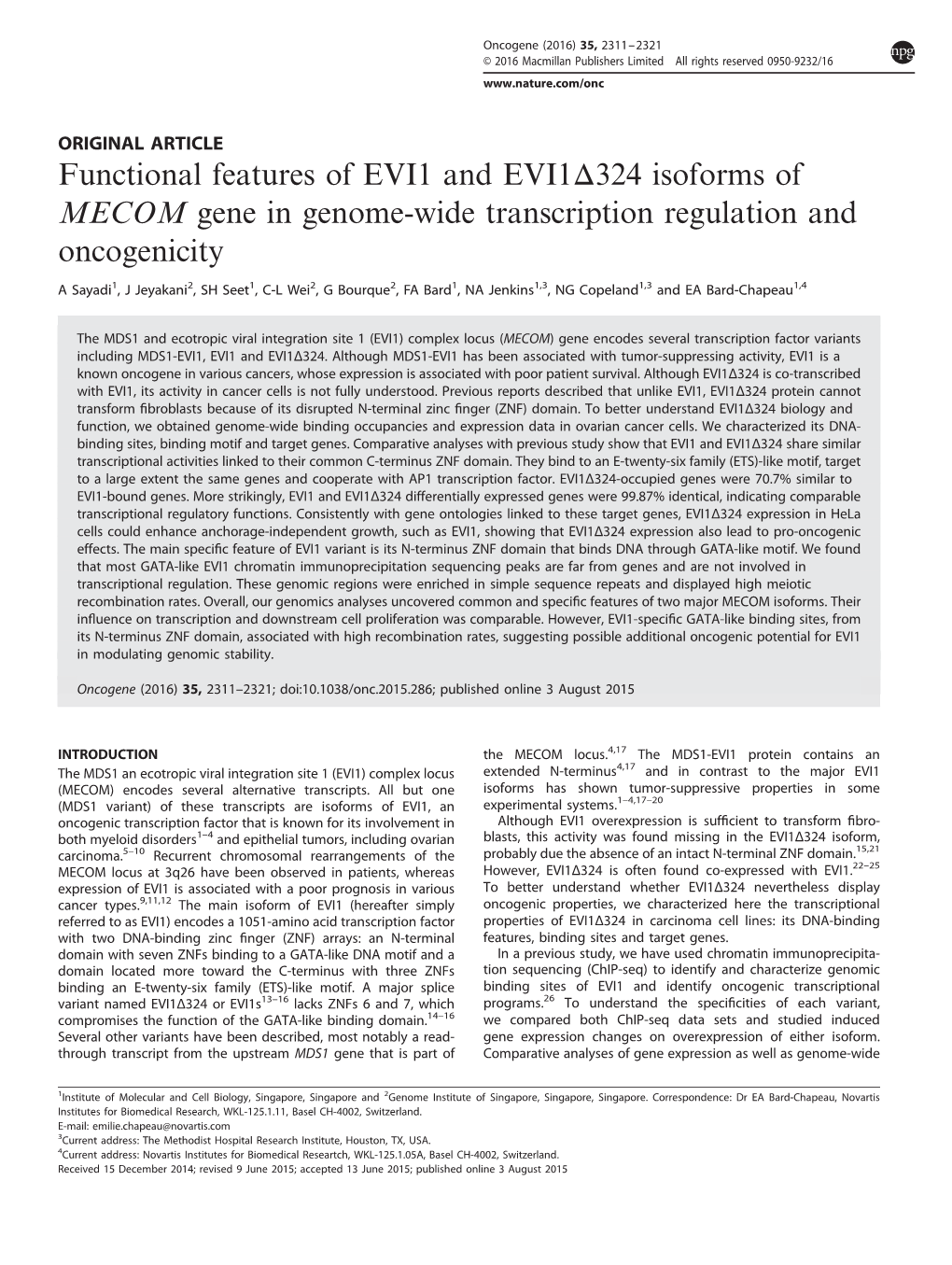 Functional Features of EVI1 and EVI1Δ324 Isoforms of MECOM Gene in Genome-Wide Transcription Regulation and Oncogenicity