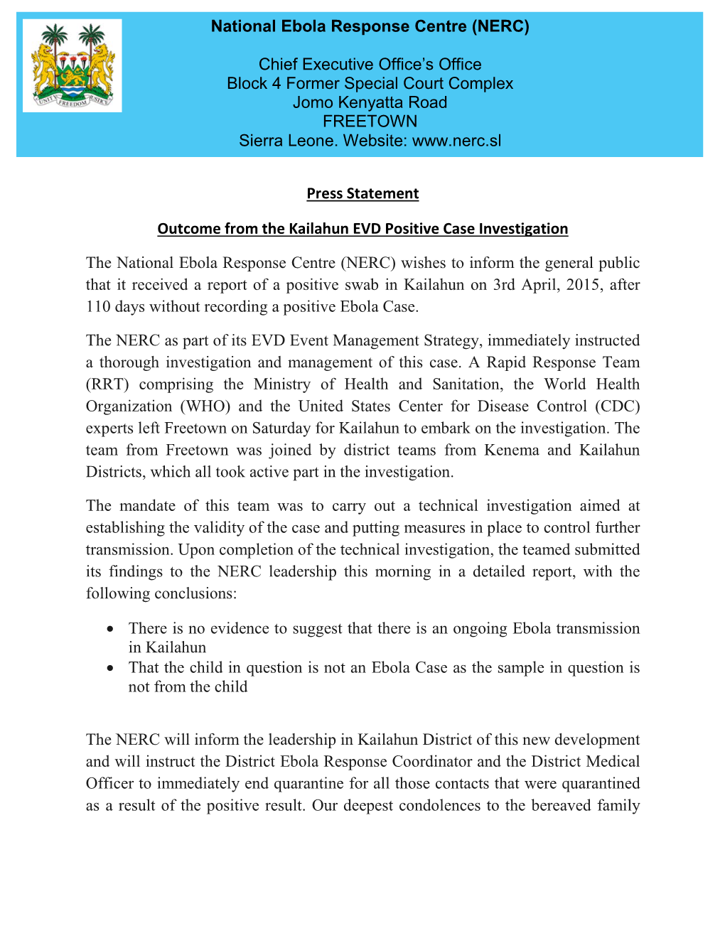 Press Statement Outcome from the Kailahun EVD Positive