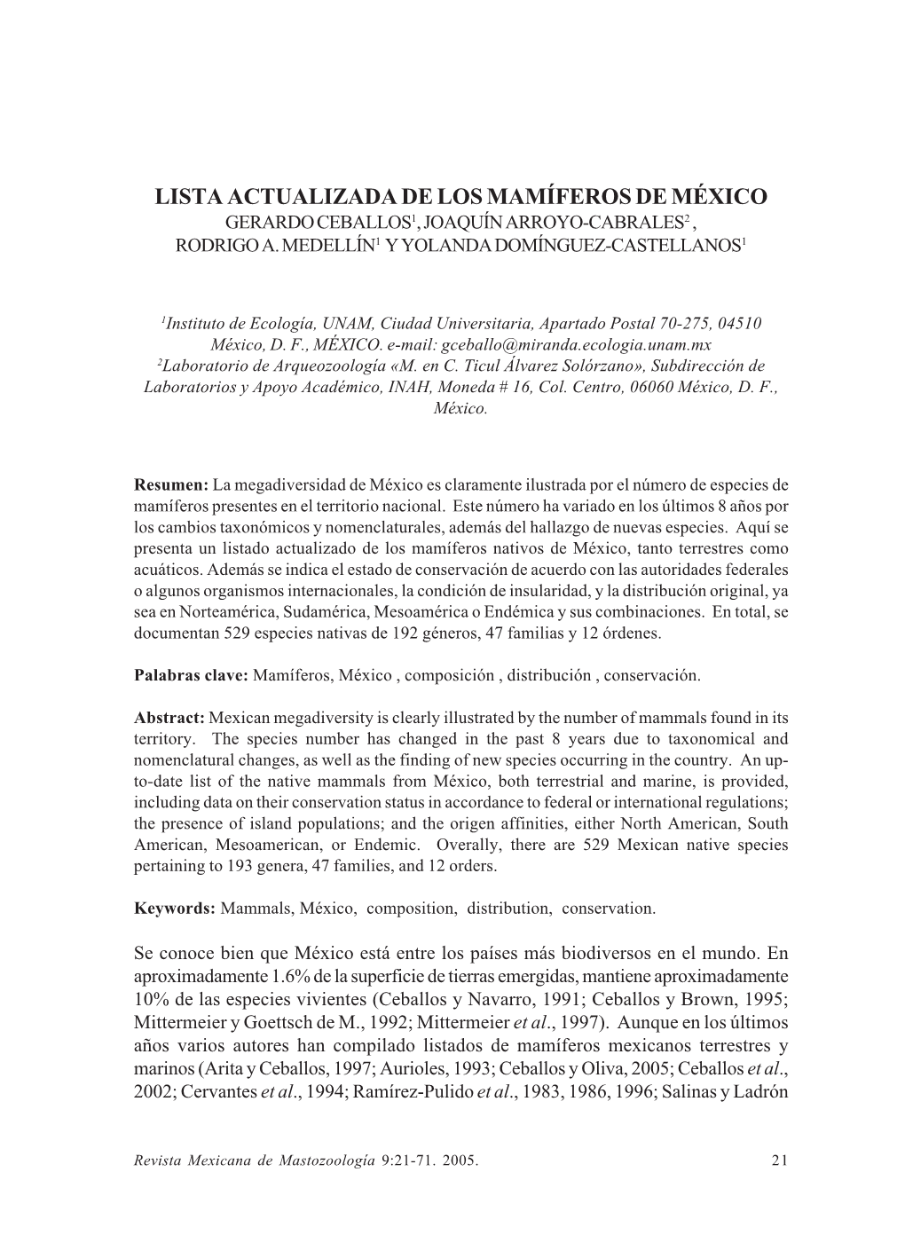 Lista Actualizada De Los Mamíferos De México Gerardo Ceballos1, Joaquín Arroyo-Cabrales2 , Rodrigo A