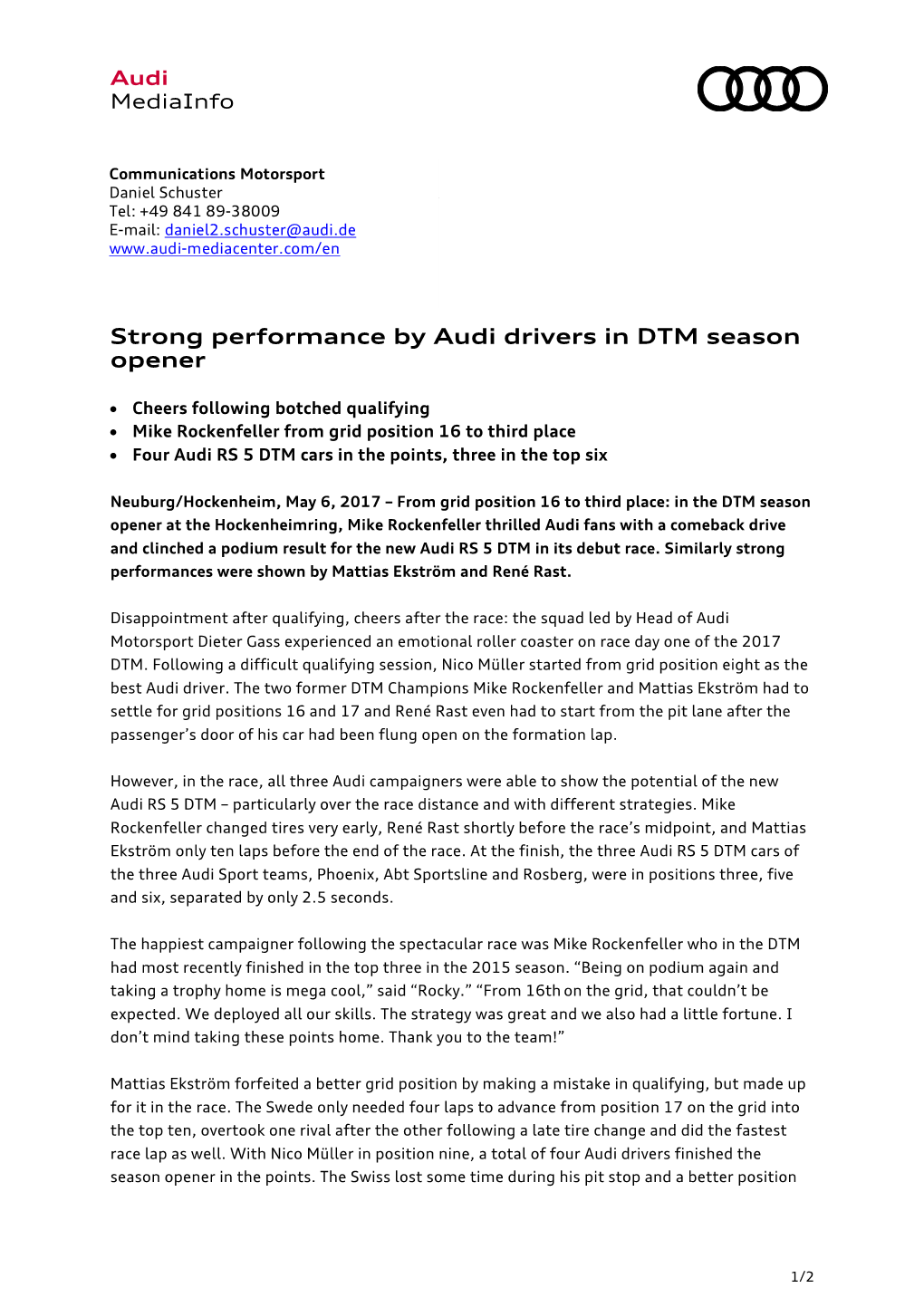 Strong Performance by Audi Drivers in DTM Season Opener
