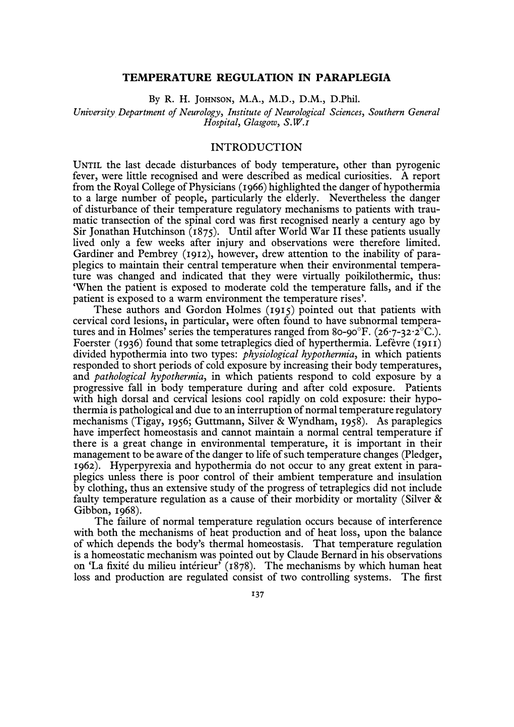 Temperature Regulation in Paraplegia