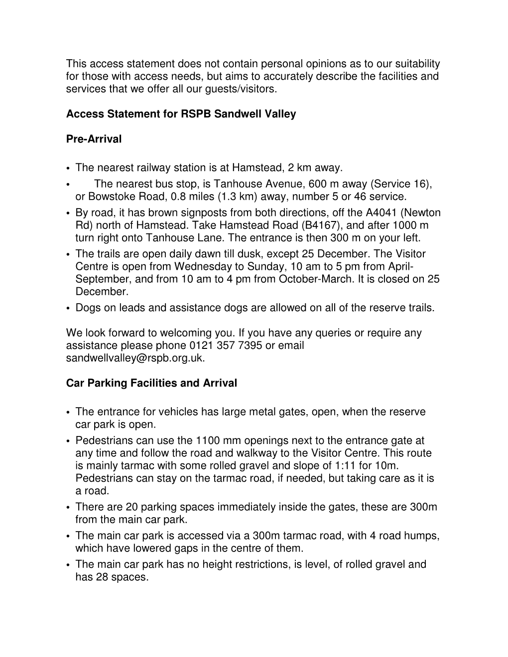 Sandwell Valley Access Statement