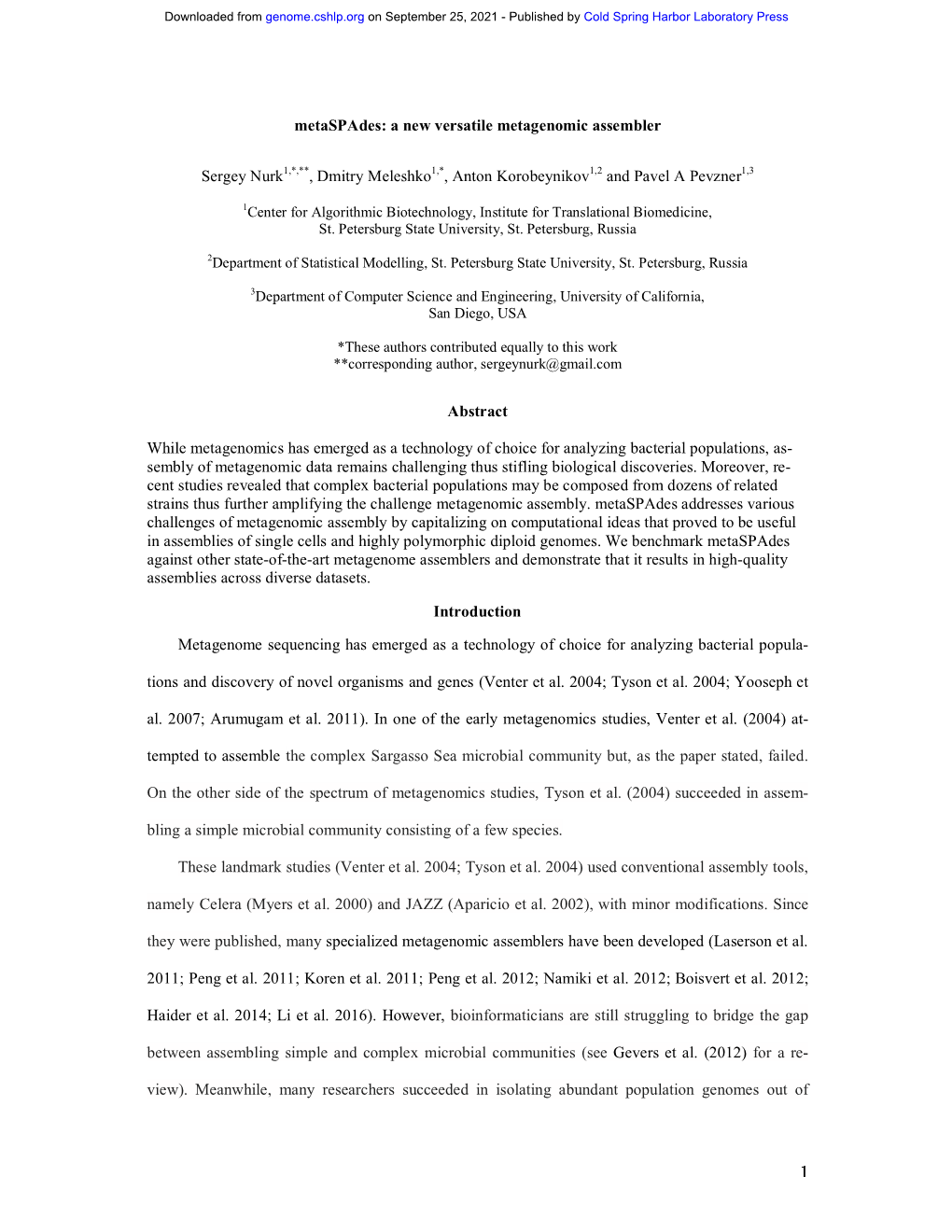 Metaspades: a New Versatile Metagenomic Assembler