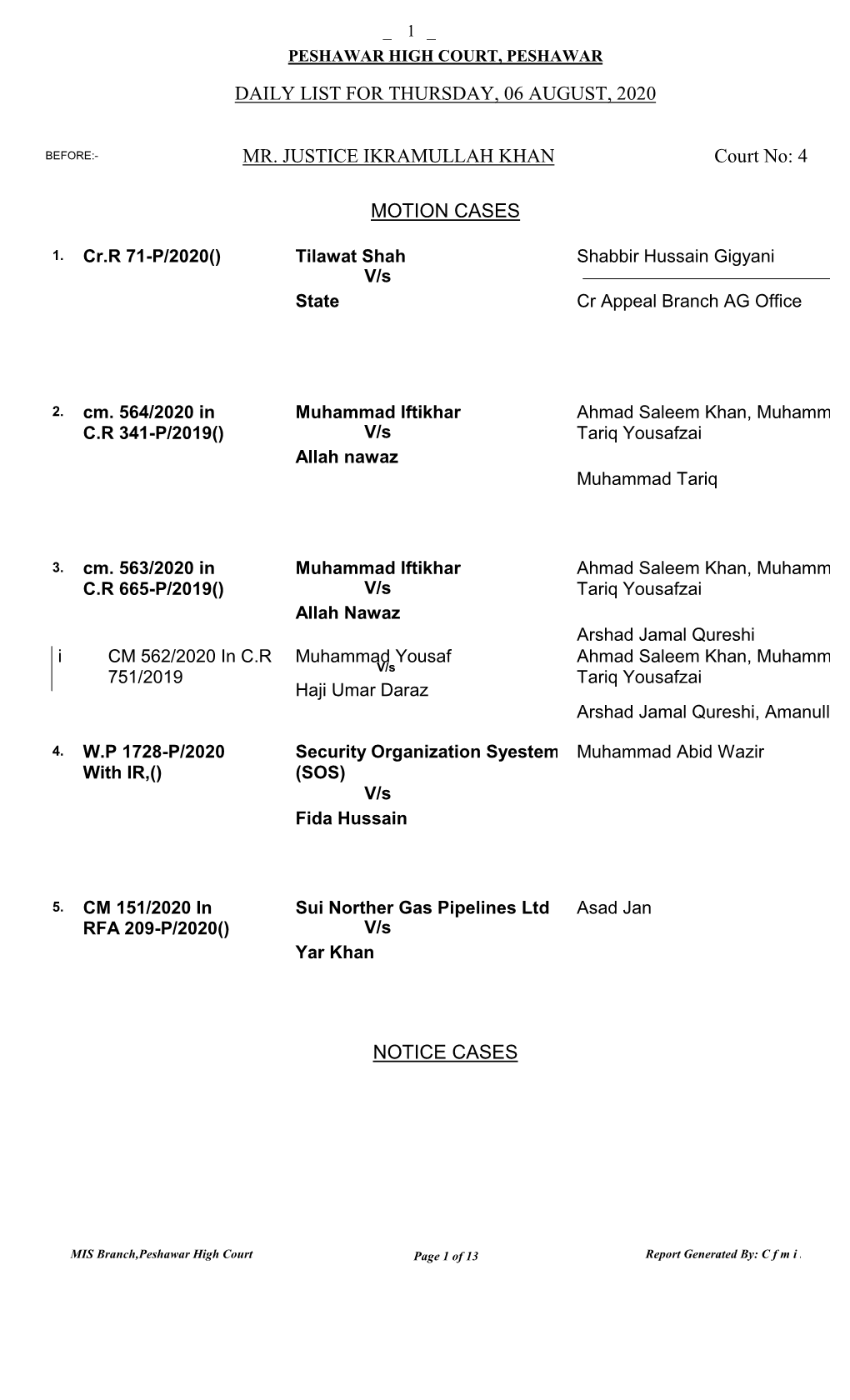 DAILY LIST for THURSDAY, 06 AUGUST, 2020 MOTION CASES NOTICE CASES MR. JUSTICE IKRAMULLAH KHAN Court No