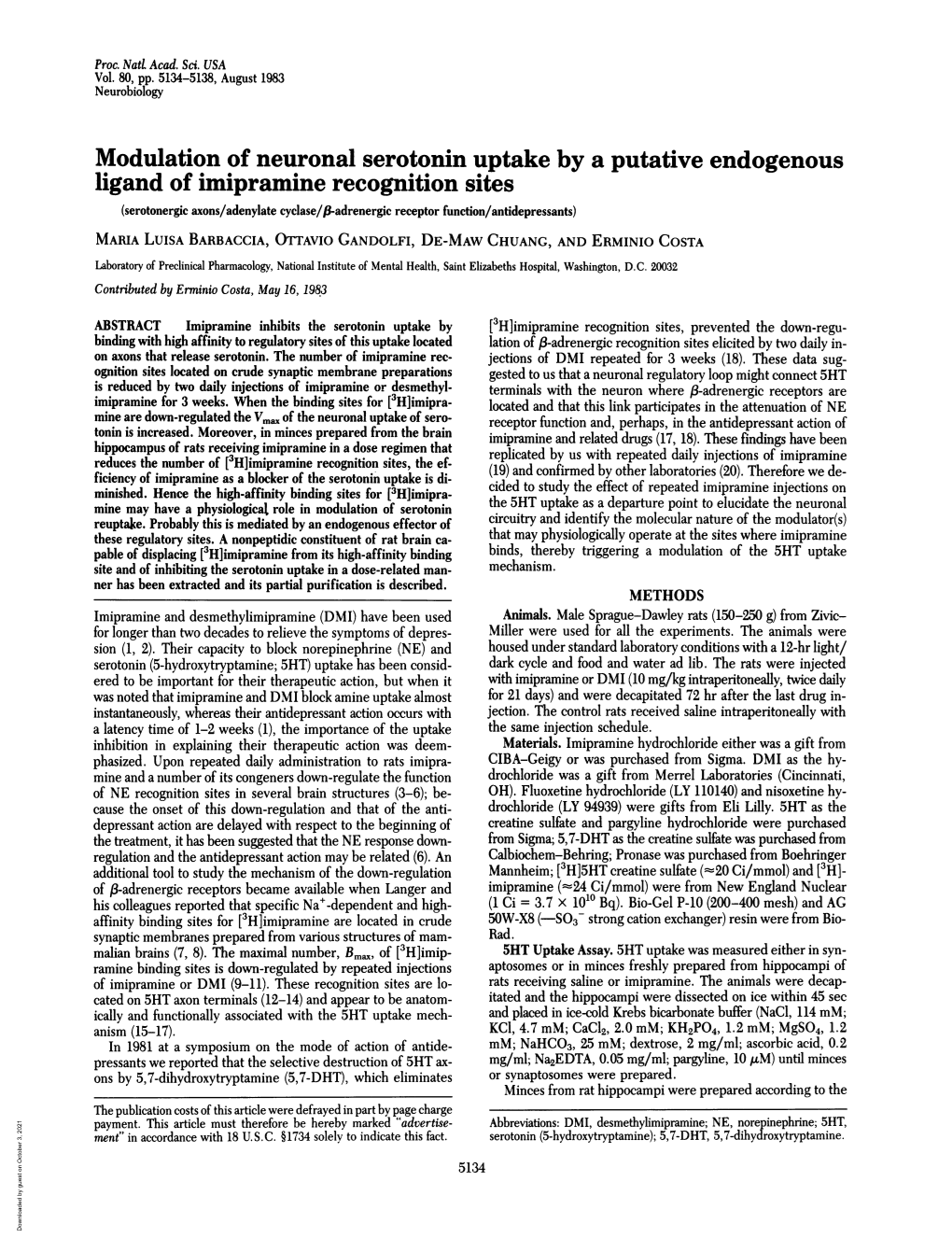 Modulation of Neuronal Serotonin Uptake by a Putative Endogenous