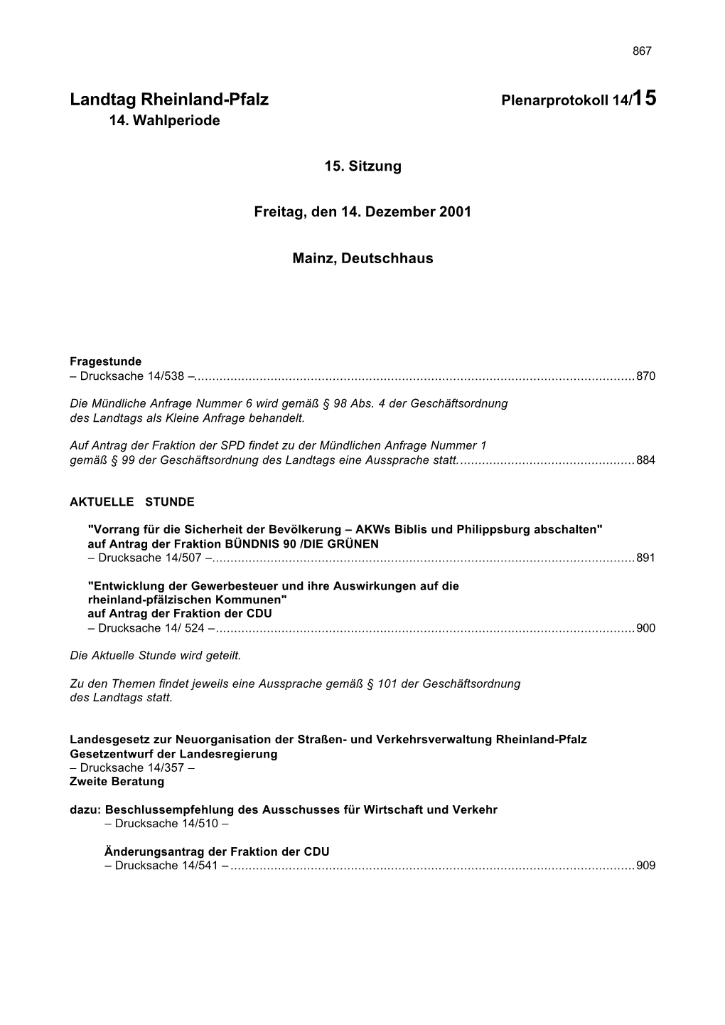 Landtag Rheinland-Pfalz Plenarprotokoll 14/15 14