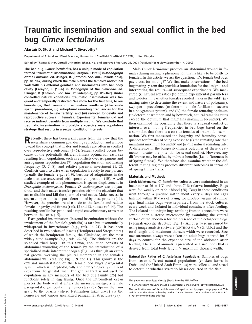 Traumatic Insemination and Sexual Conflict in the Bed Bug Cimex Lectularius