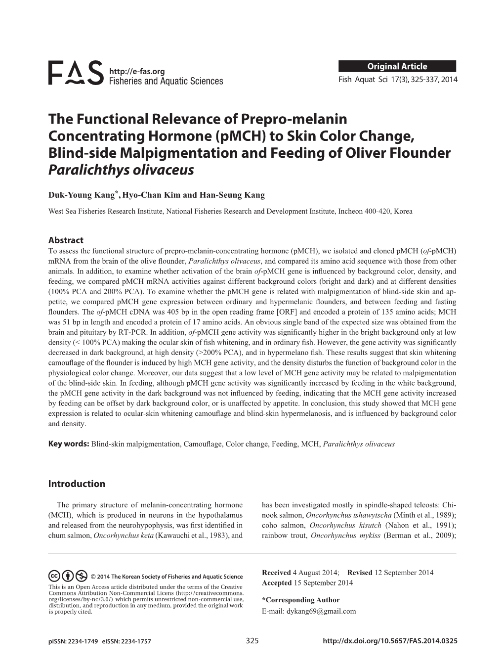 (Pmch) to Skin Color Change, Blind-Side Malpigmentation and Feeding of Oliver Flounder Paralichthys Olivaceus