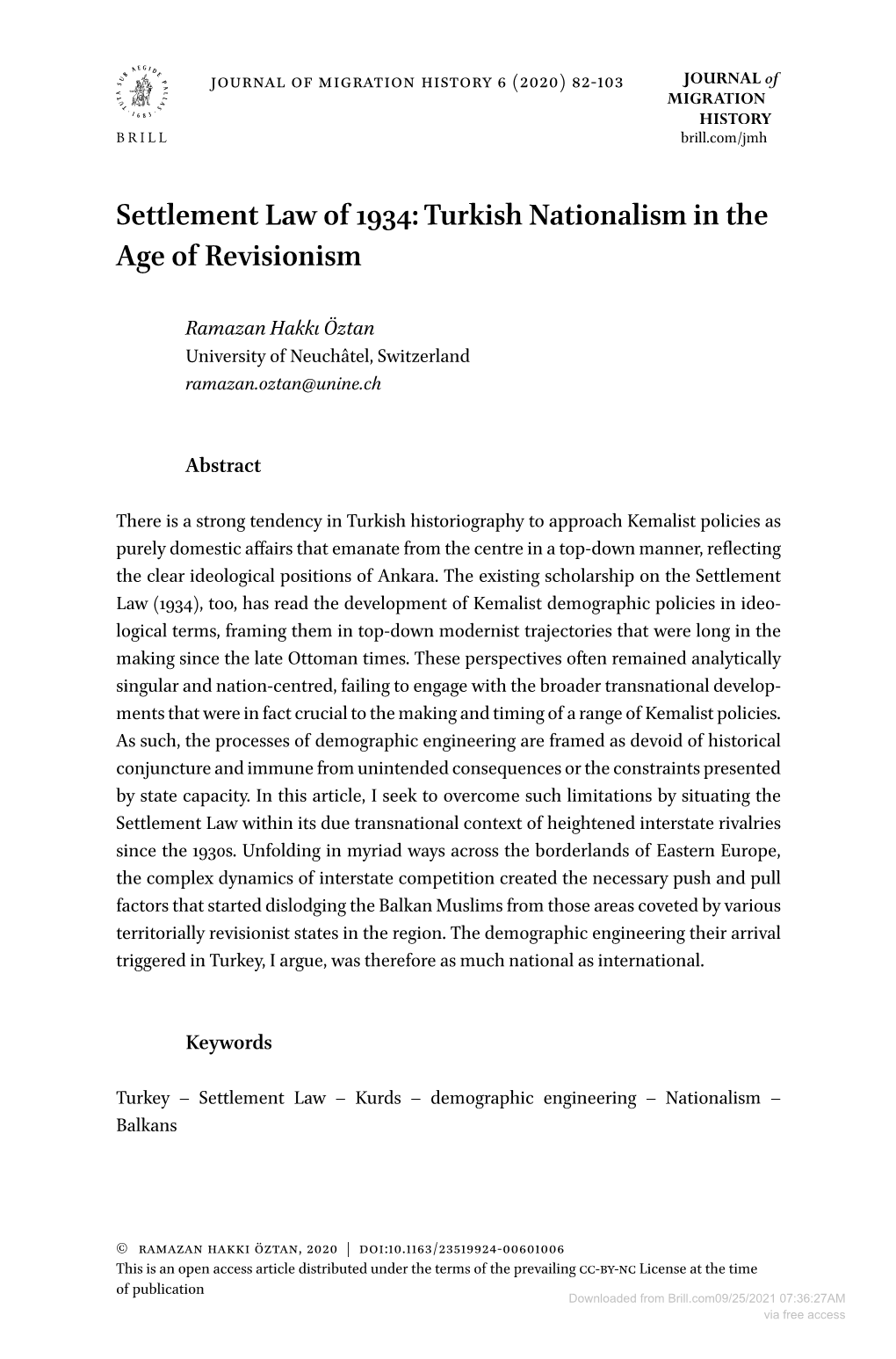 Settlement Law of 1934: Turkish Nationalism in the Age of Revisionism