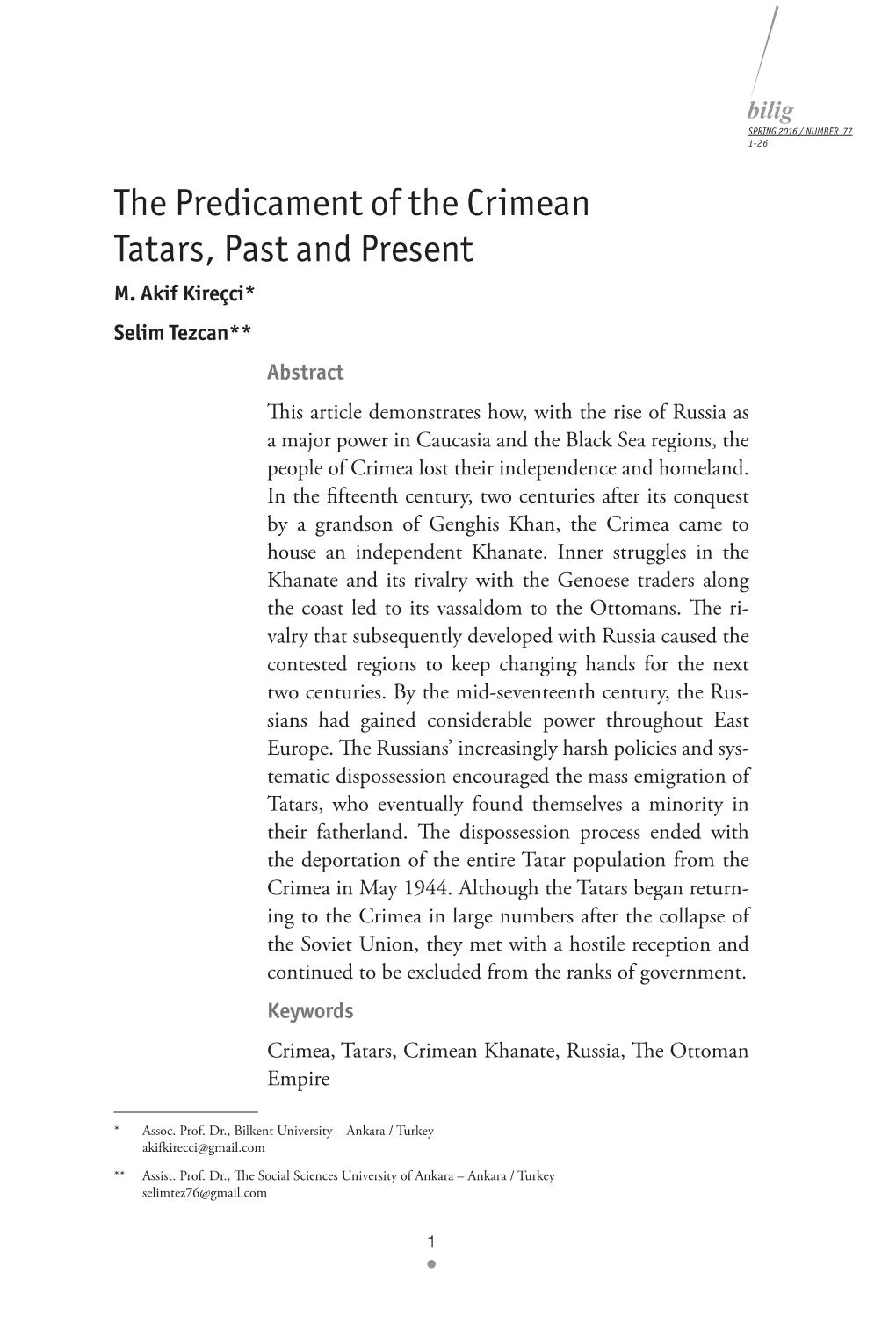 The Predicament of the Crimean Tatars, Past and Present M