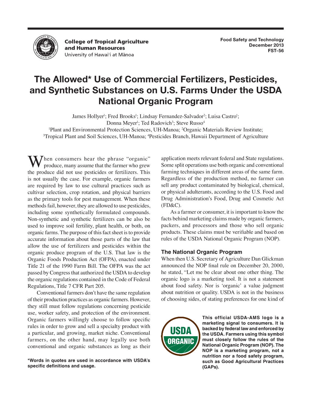 The Allowed* Use of Commercial Fertilizers, Pesticides, and Synthetic Substances on U.S