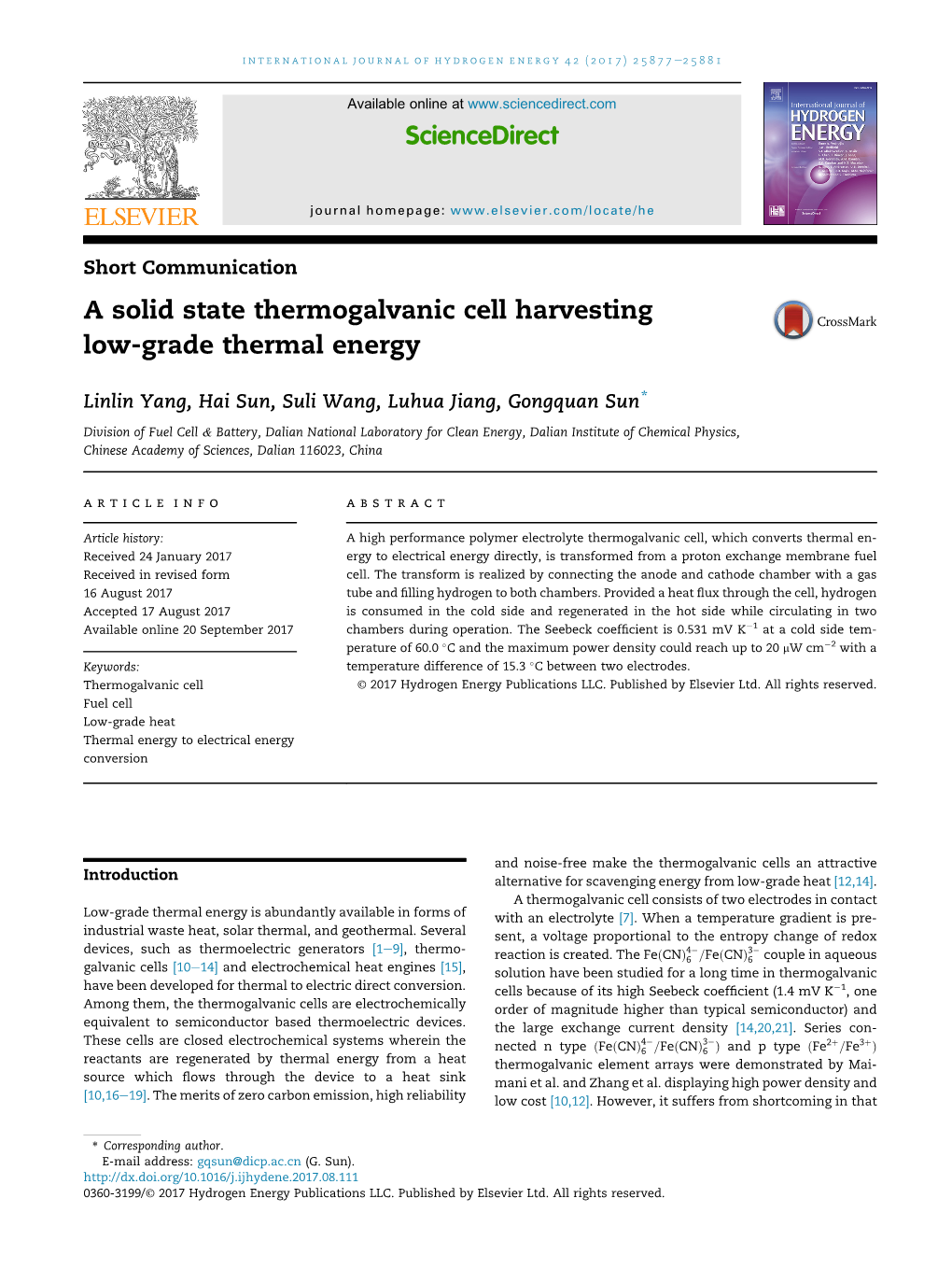 A Solid State Thermogalvanic Cell Harvesting Low-Grade Thermal Energy