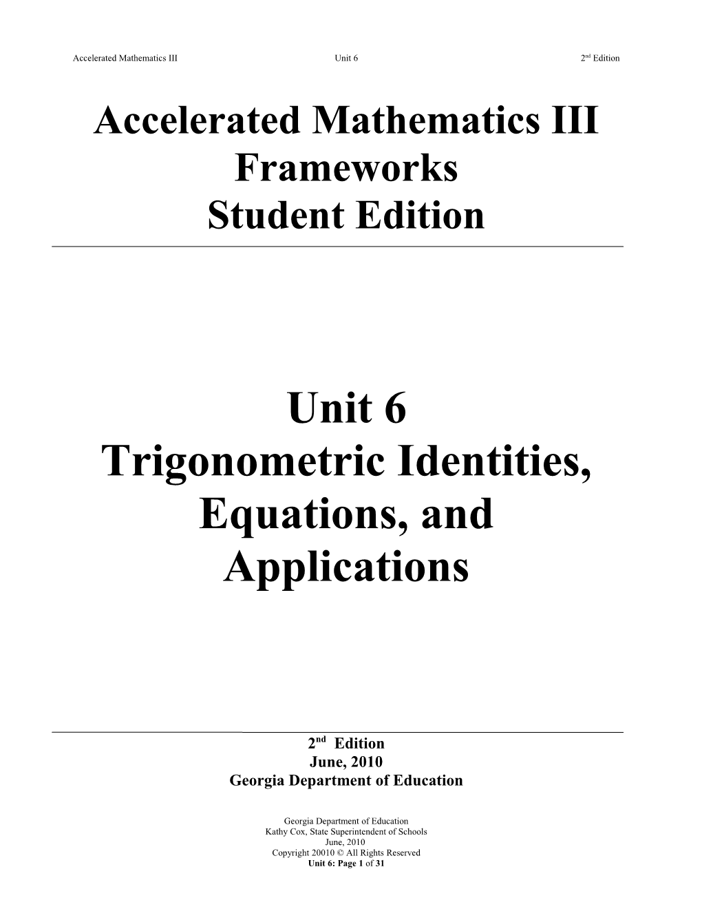 Accelerated Mathematics III Unit 6 2Nd Edition