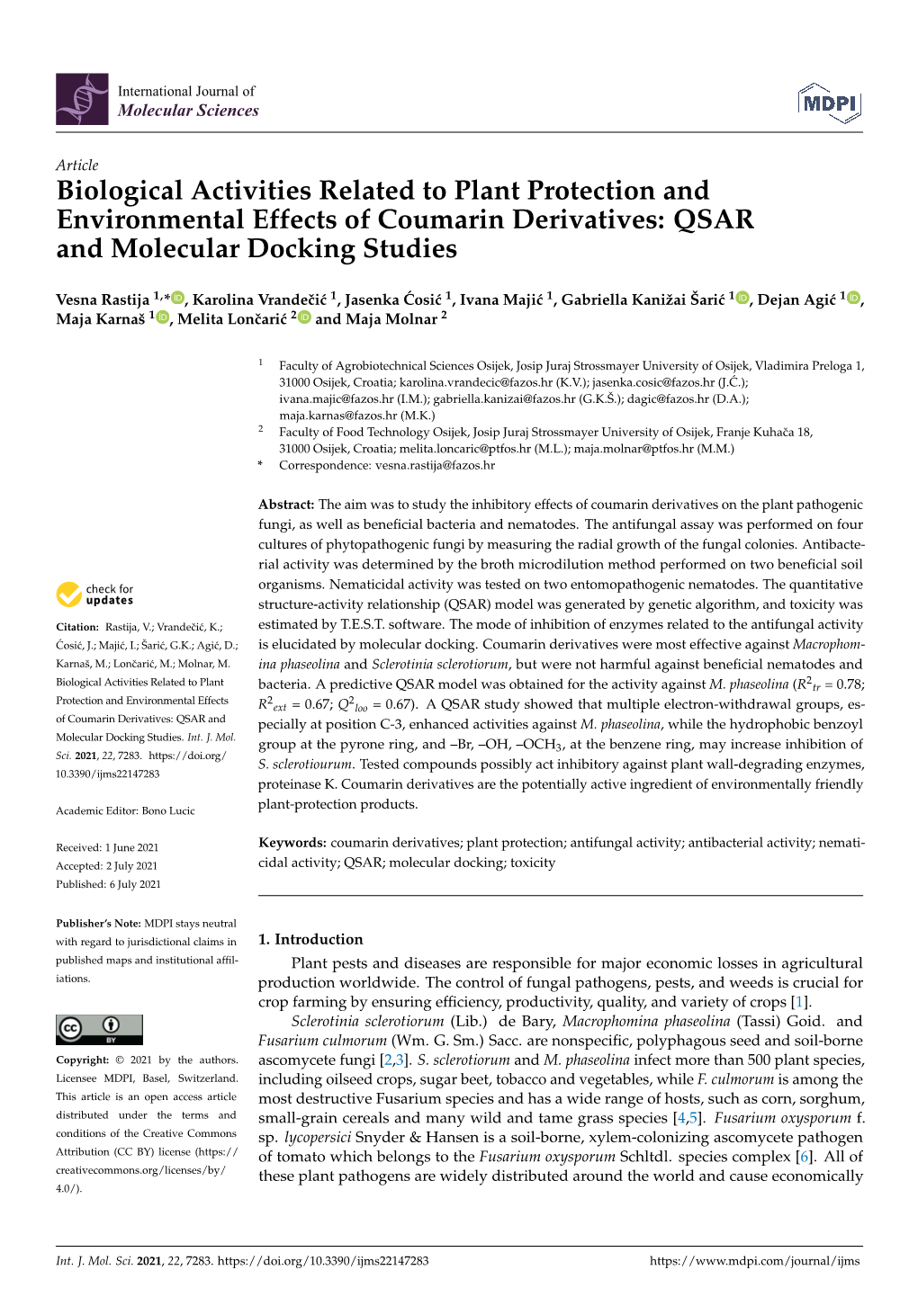 Biological Activities Related to Plant Protection and Environmental Effects of Coumarin Derivatives: QSAR and Molecular Docking Studies