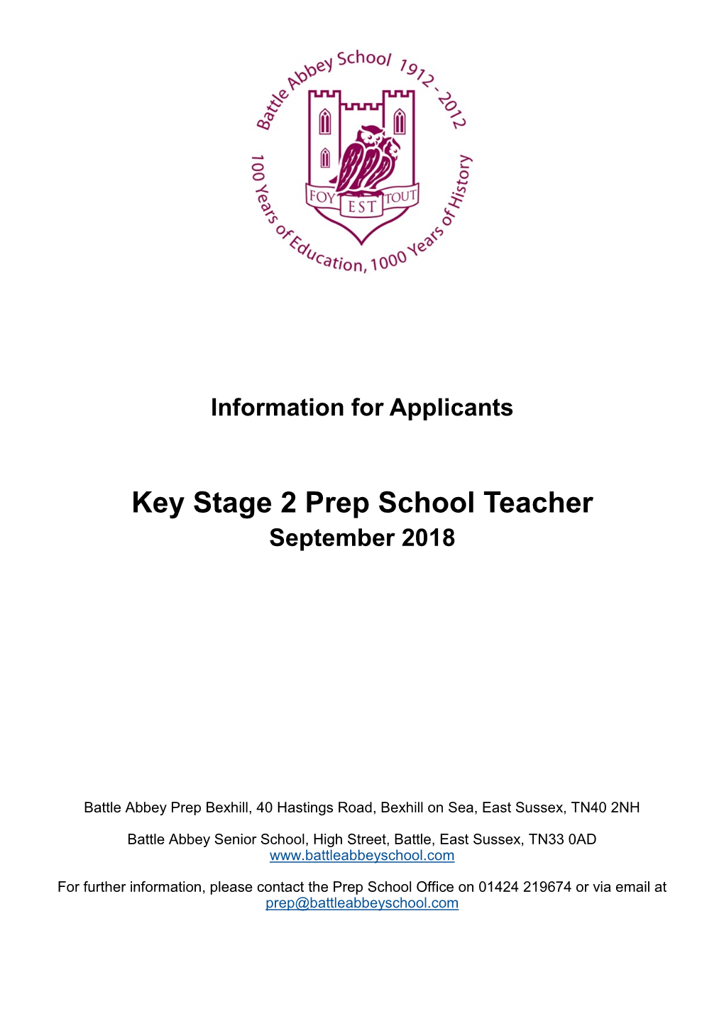 Key Stage 2 Prep School Teacher September 2018