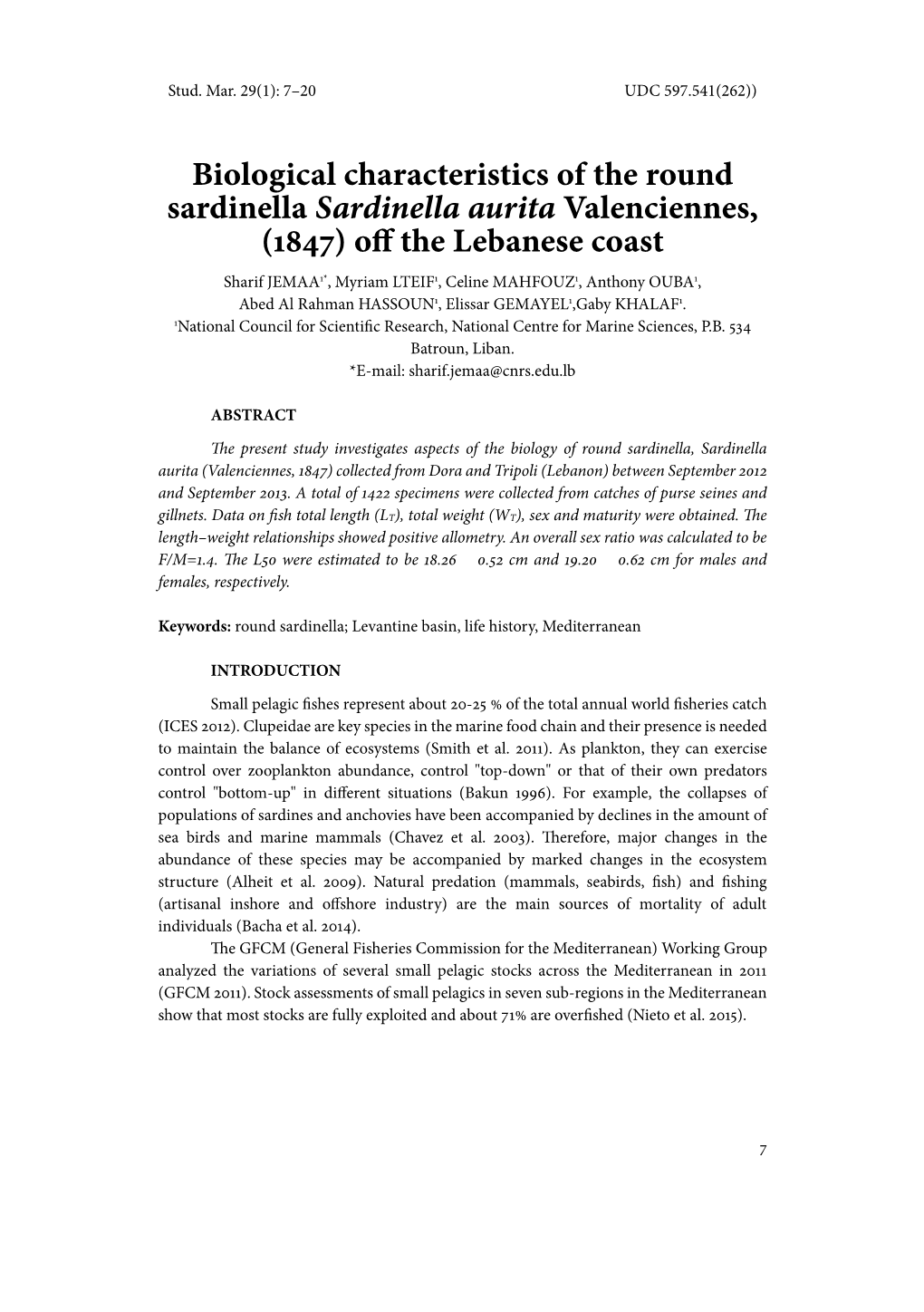 Biological Characteristics of the Round Sardinella Sardinella Aurita