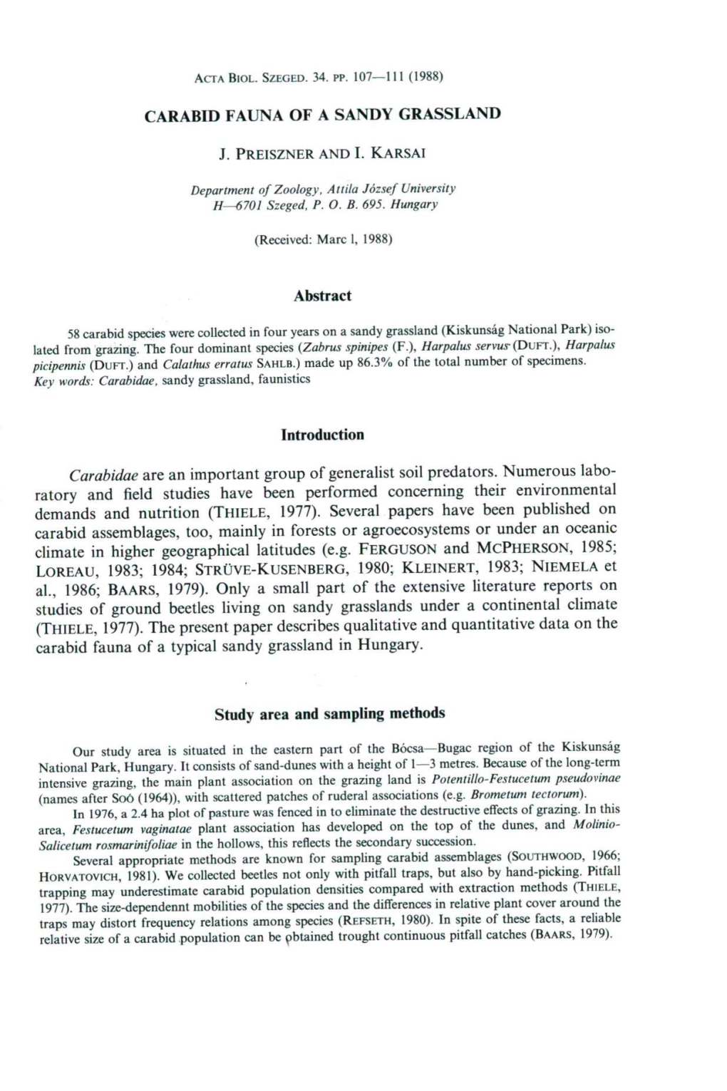 CARABID FAUNA of a SANDY GRASSLAND Abstract Introduction