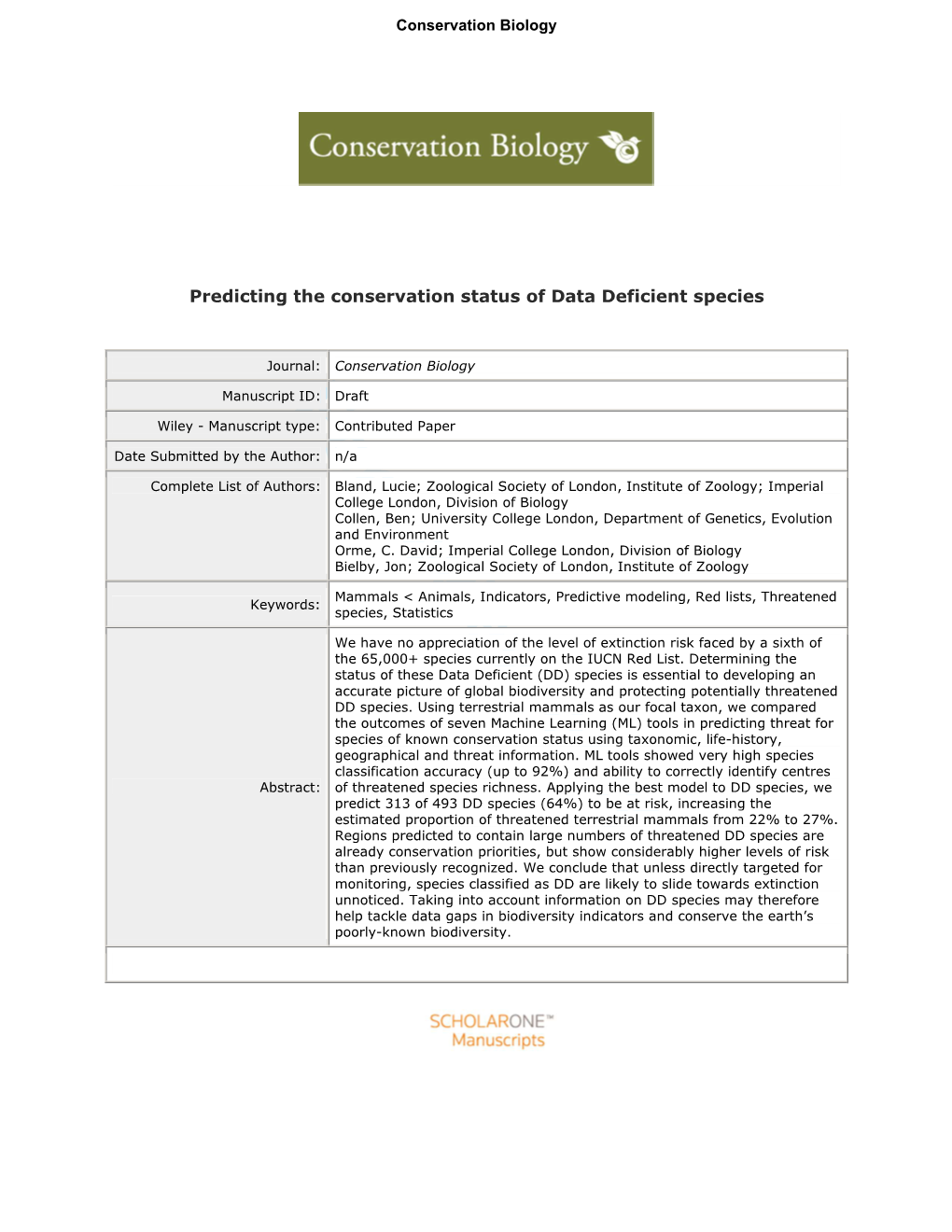 Predicting the Conservation Status of Data Deficient Species