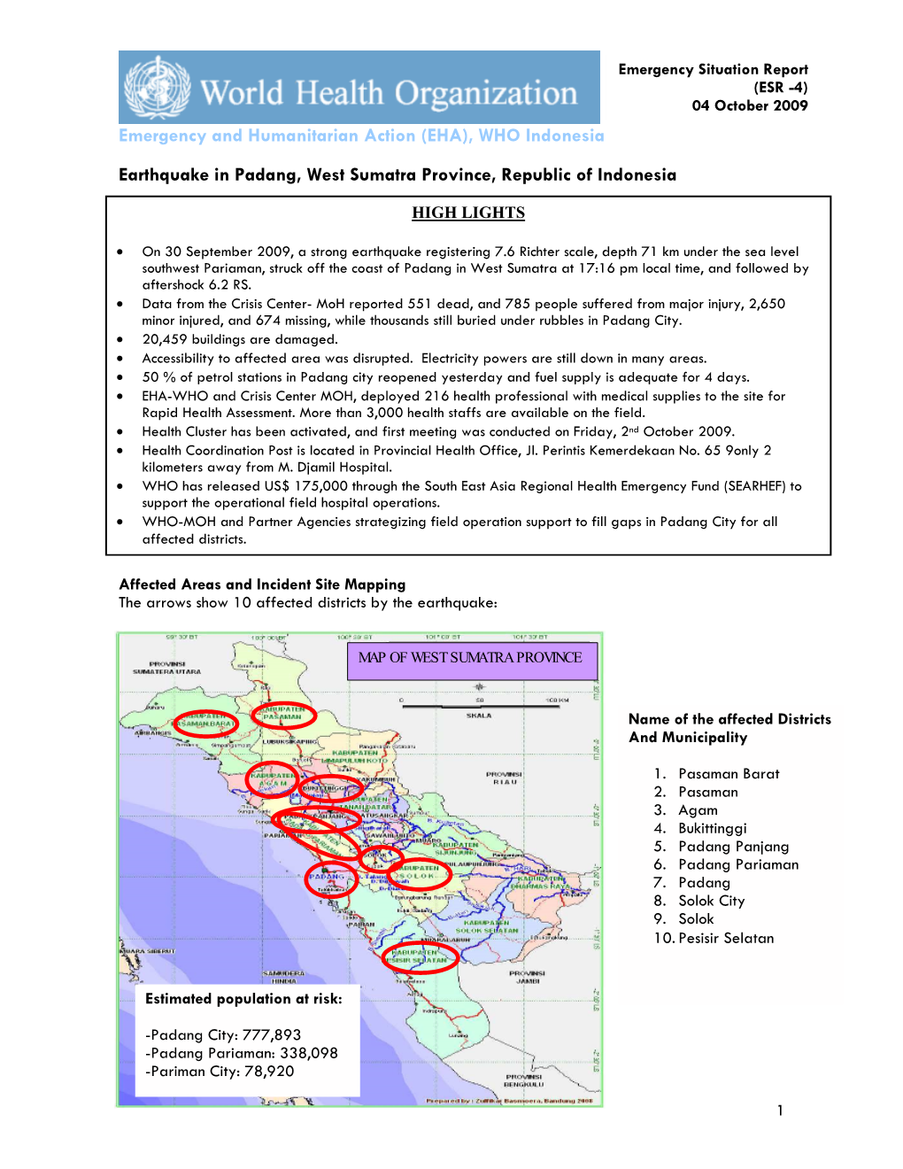 Earthquake in Padang, West Sumatra Province, Republic of Indonesia