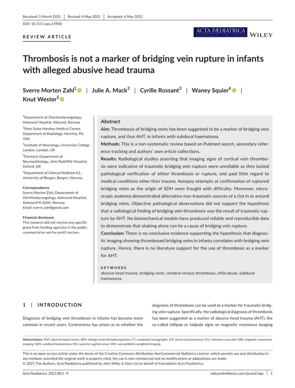 Thrombosis Is Not a Marker of Bridging Vein Rupture in Infants with Alleged Abusive Head Trauma