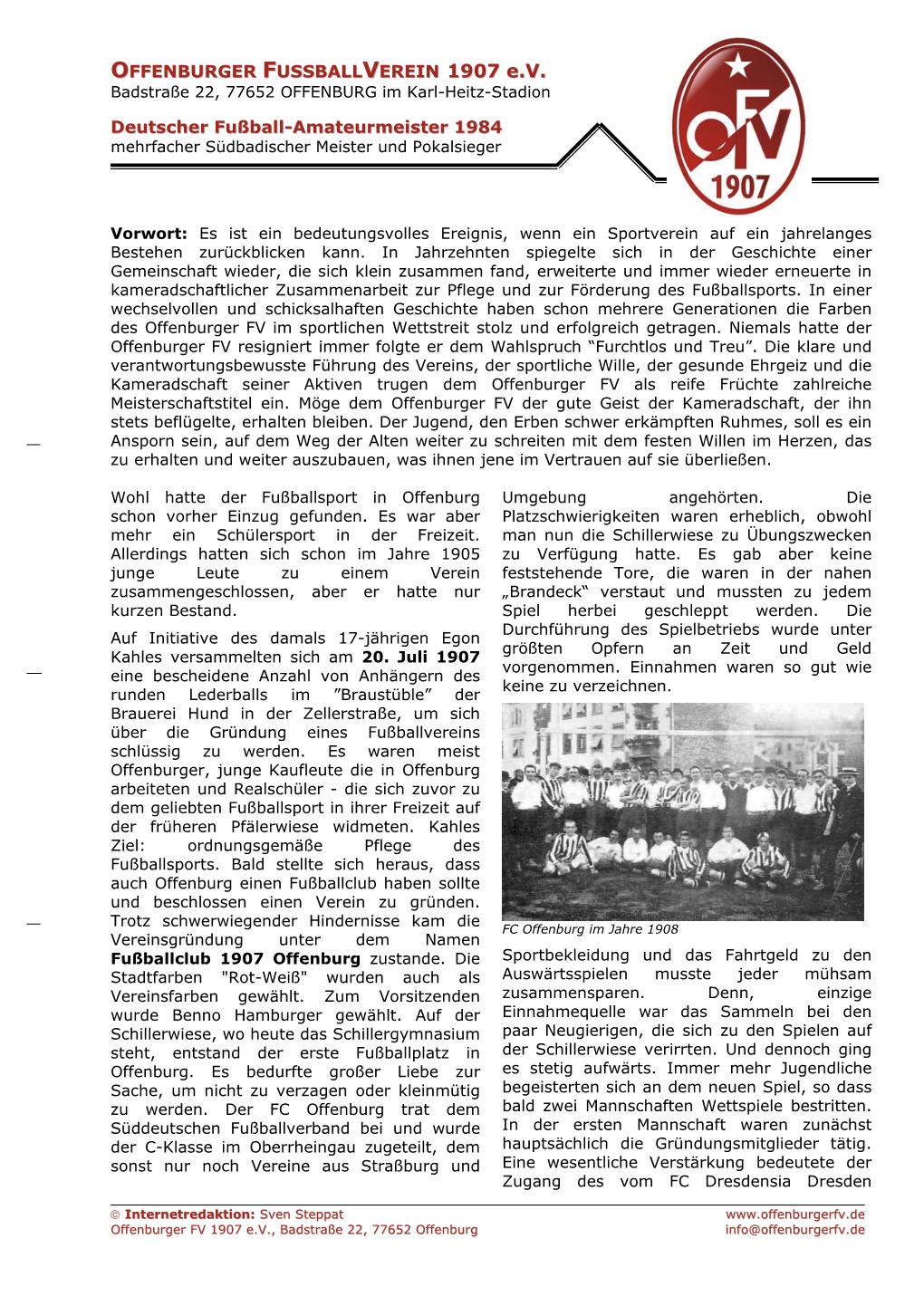 Die OFV-Vereinsgeschichte Von 1907 Bis Heute
