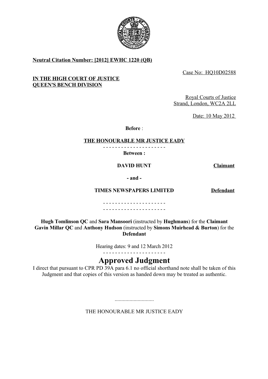 High Court Judgment Template s18