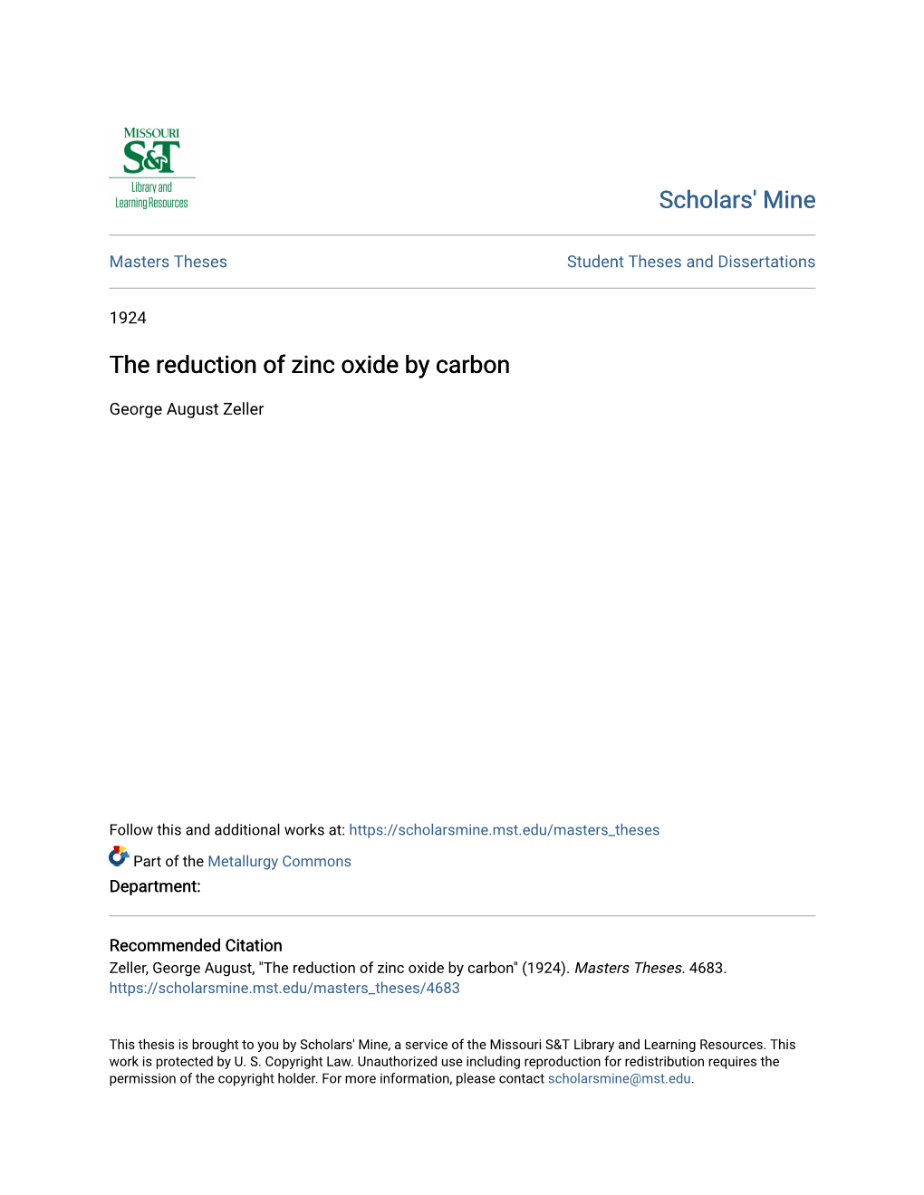 The Reduction of Zinc Oxide by Carbon