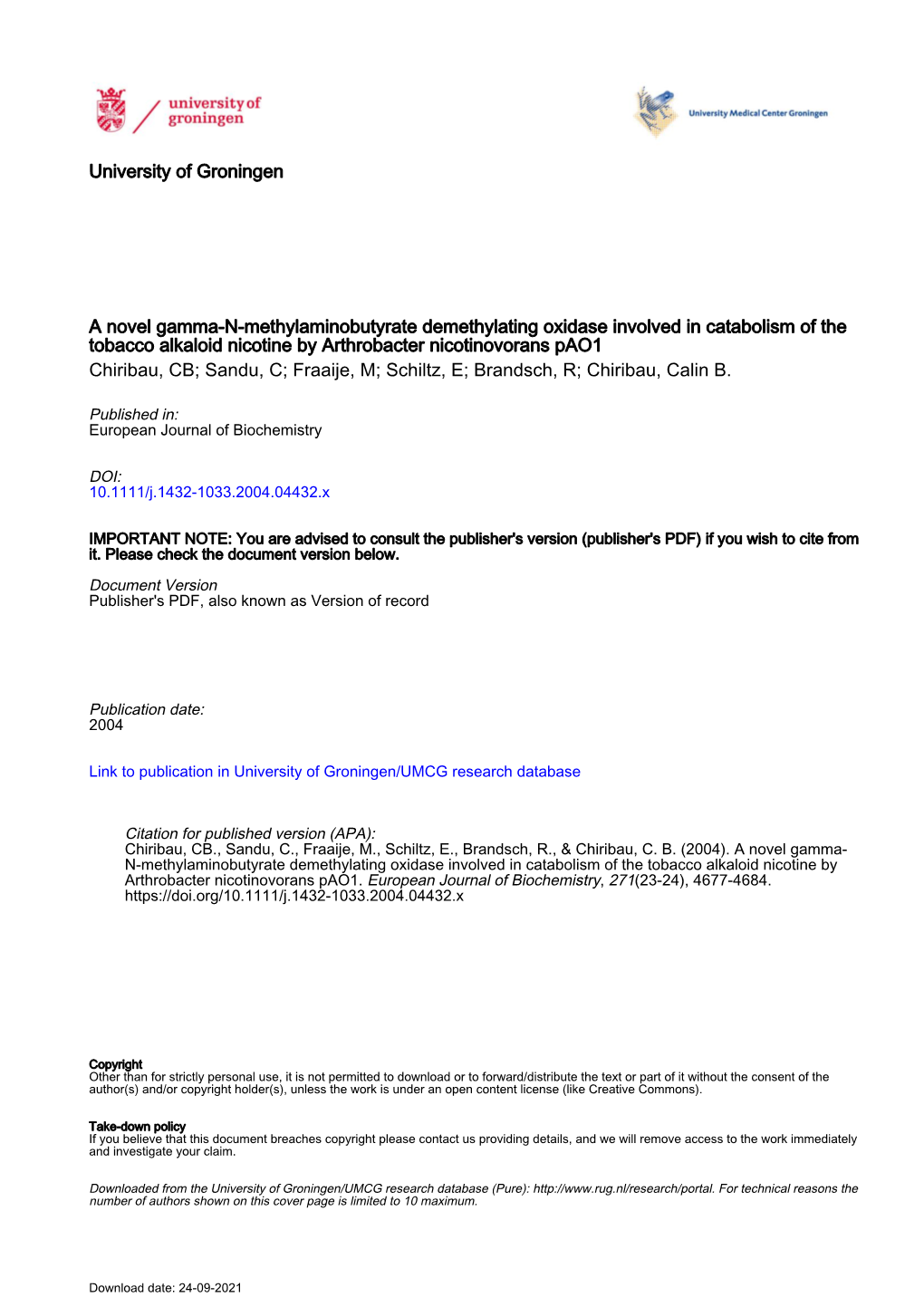 University of Groningen a Novel Gamma-N-Methylaminobutyrate