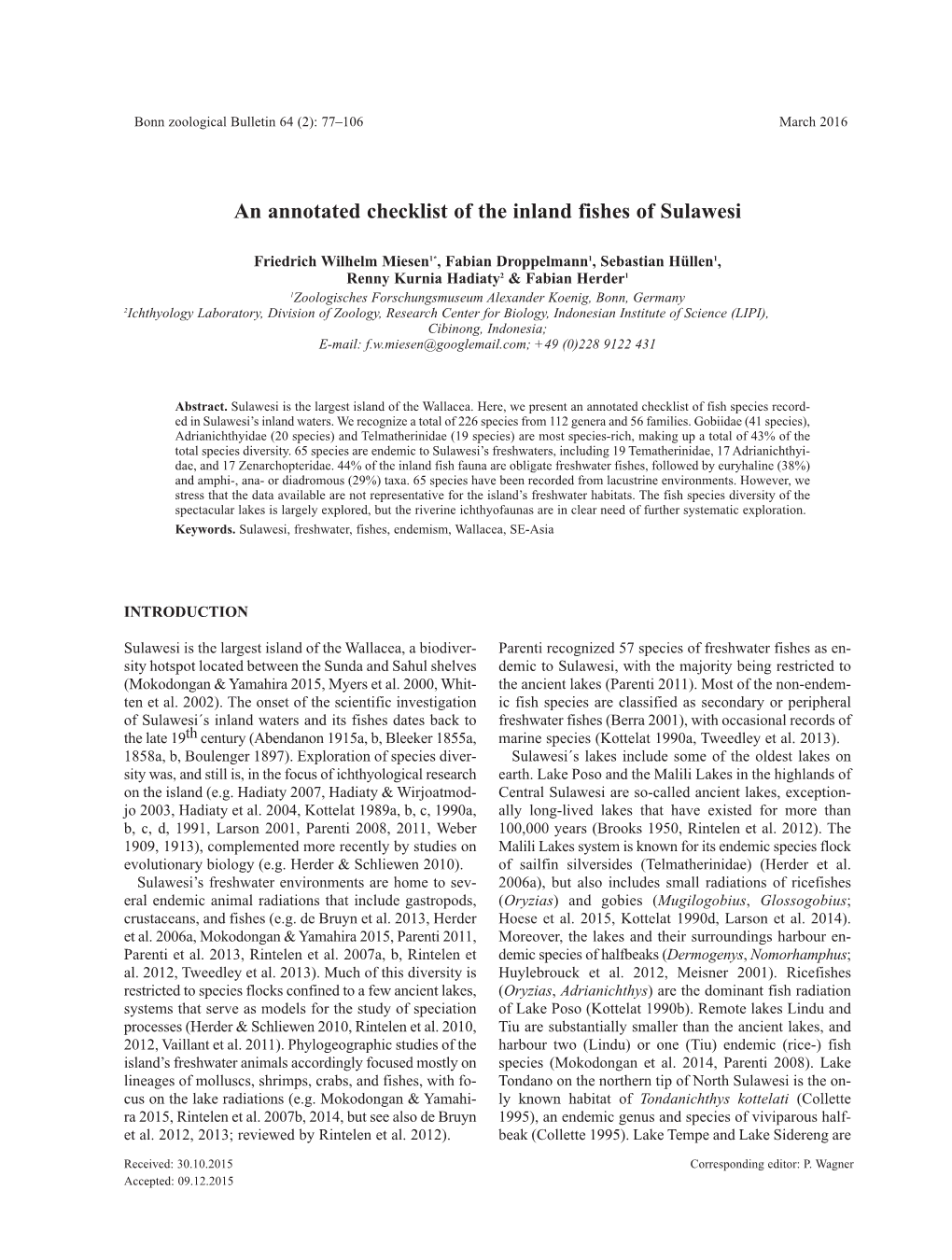 An Annotated Checklist of the Inland Fishes of Sulawesi
