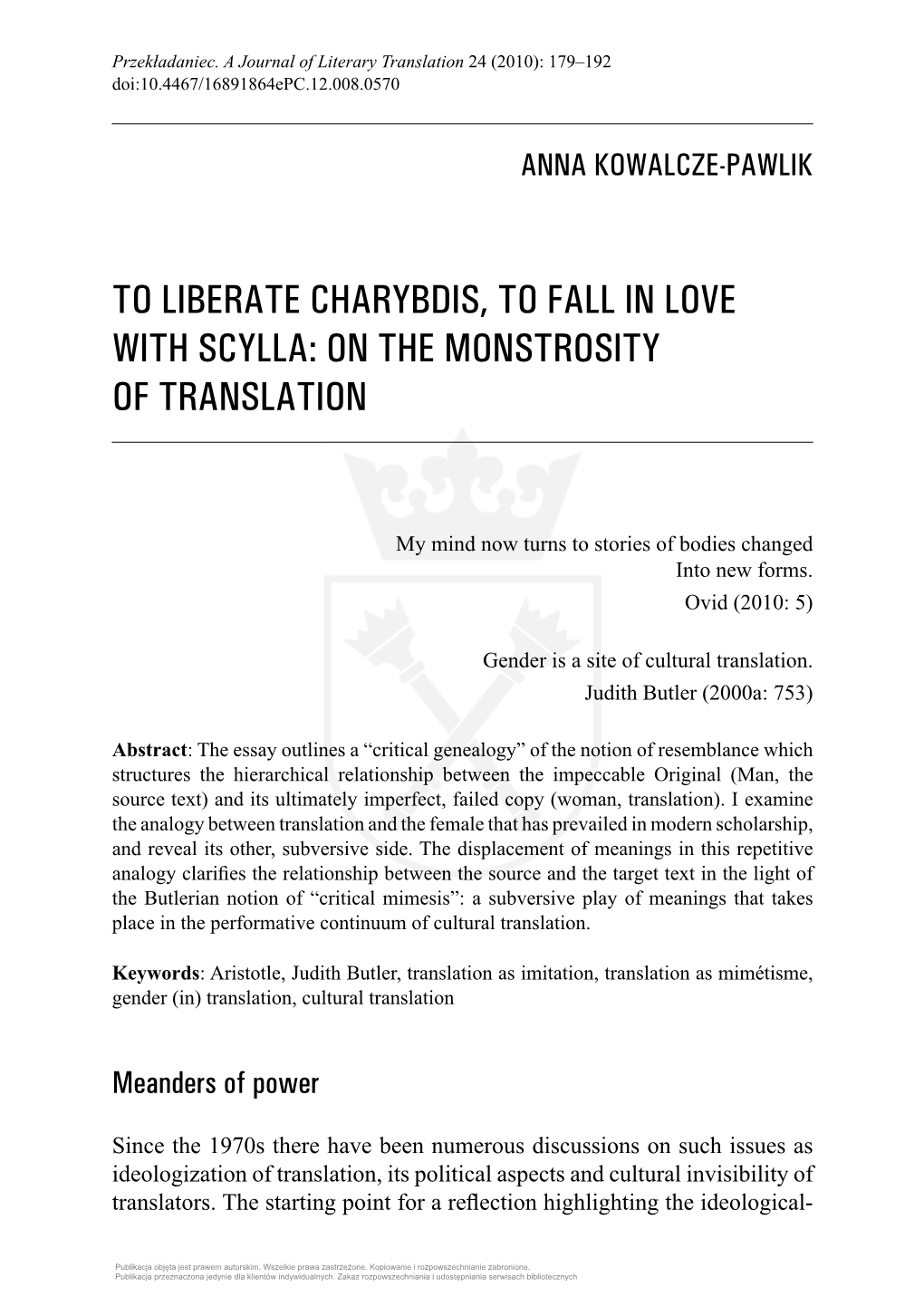 To Liberate Charybdis, to Fall in Love with Scylla: on the Monstrosity of Translation