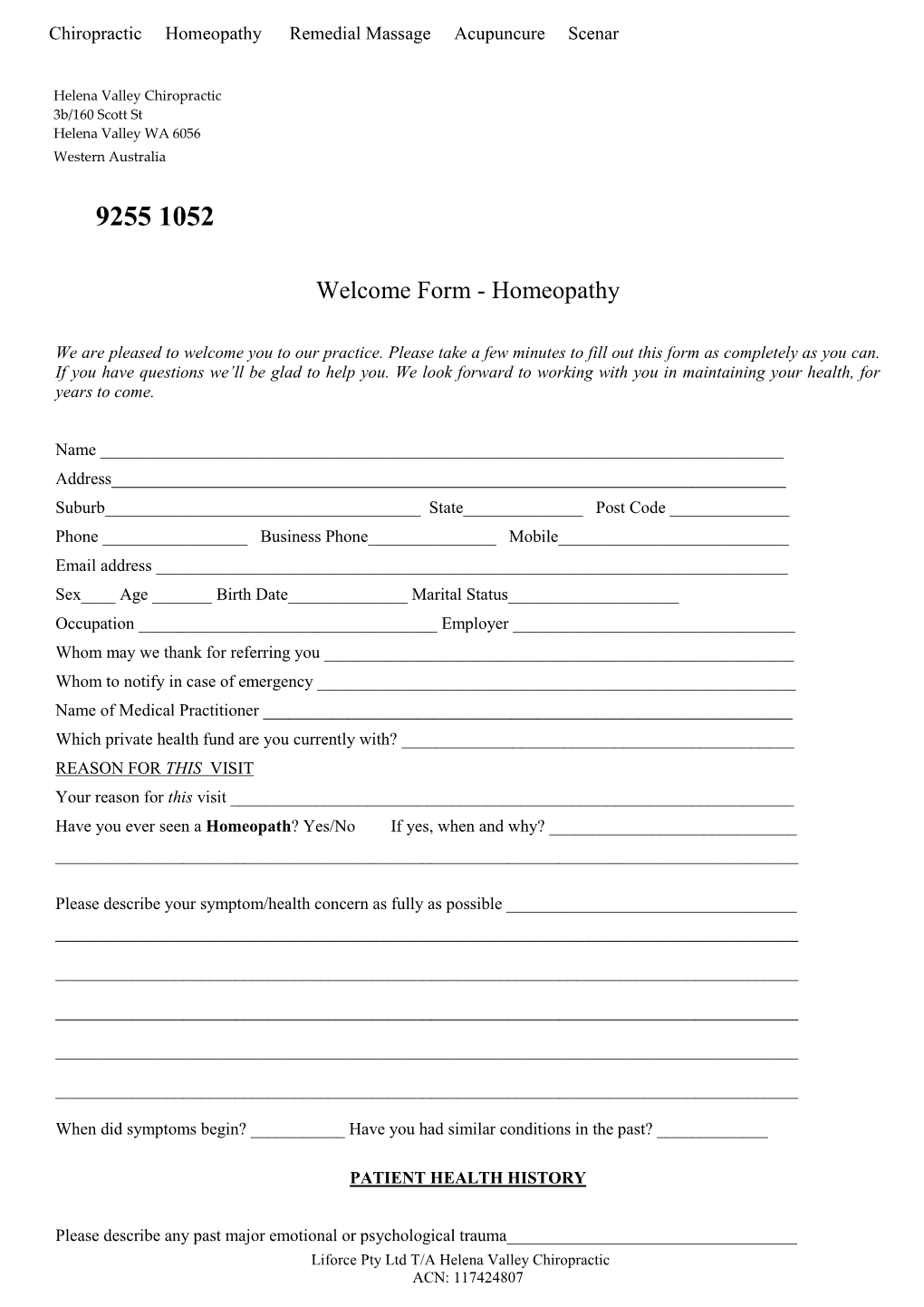 Welcome Form - Homeopathy