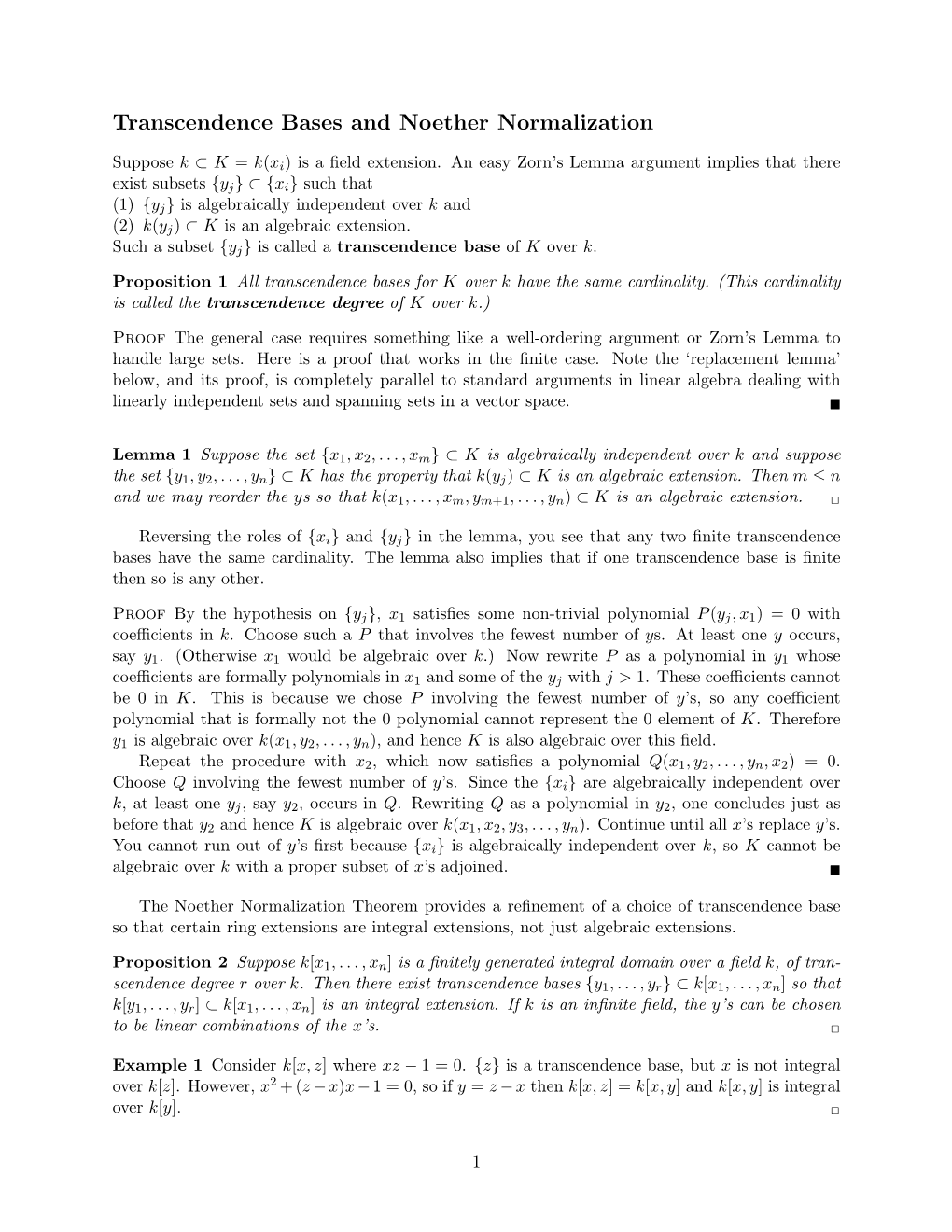 Transcendence Bases and Noether Normalization