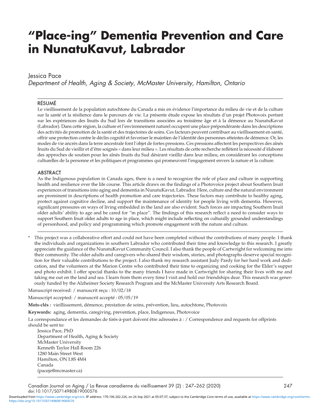 “Place-Ing” Dementia Prevention and Care in Nunatukavut, Labrador