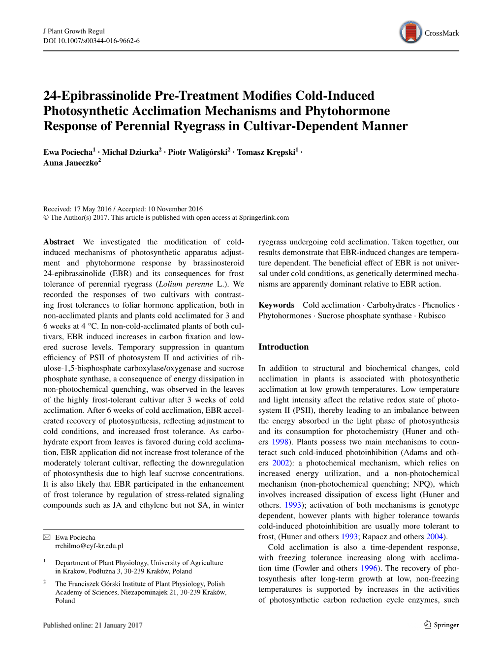 24-Epibrassinolide Pre-Treatment Modifies Cold-Induced