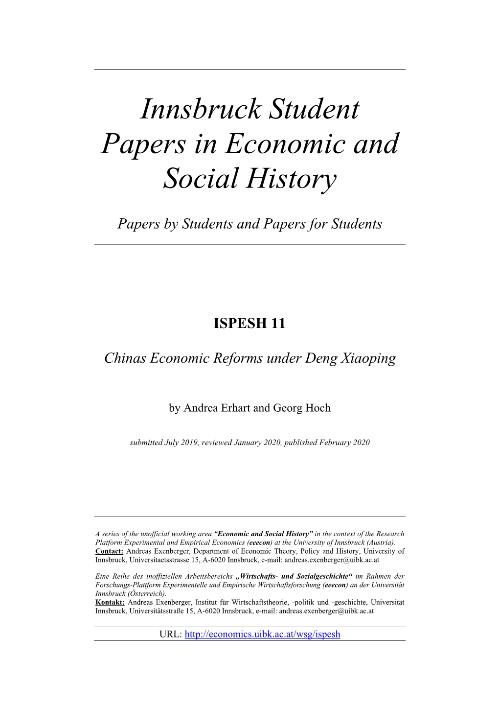 Innsbruck Student Papers in Economic and Social History