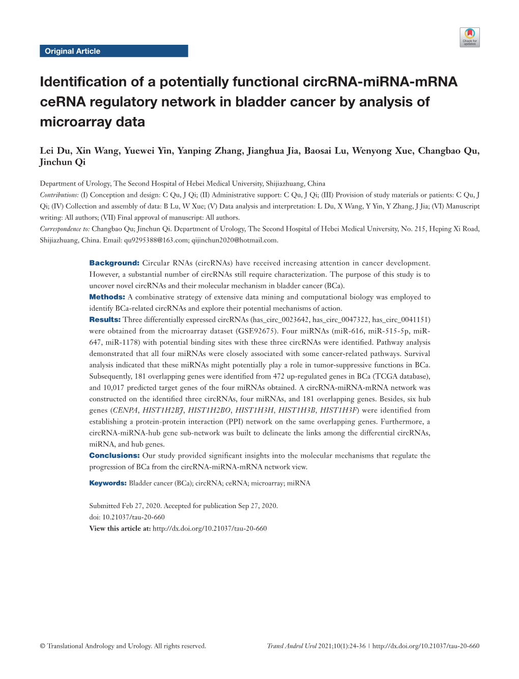 Identification of a Potentially Functional Circrna-Mirna-Mrna Cerna Regulatory Network in Bladder Cancer by Analysis of Microarray Data