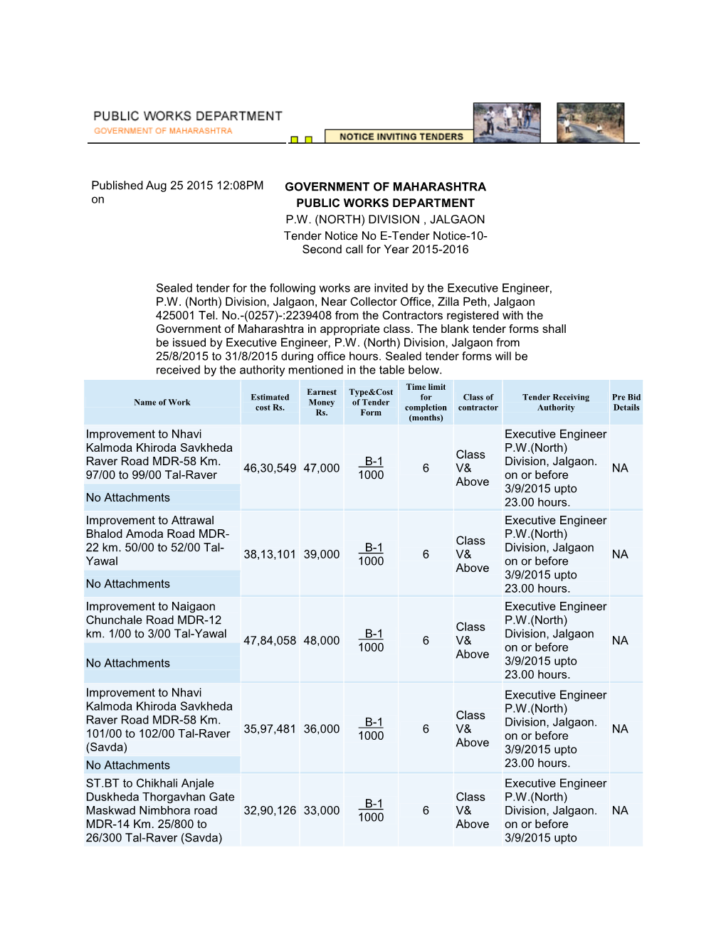 Published on Aug 25 2015 12:08PM GOVERNMENT of MAHARASHTRA PUBLIC WORKS DEPARTMENT P.W. (NORTH) DIVISION , JALGAON Tender Notice