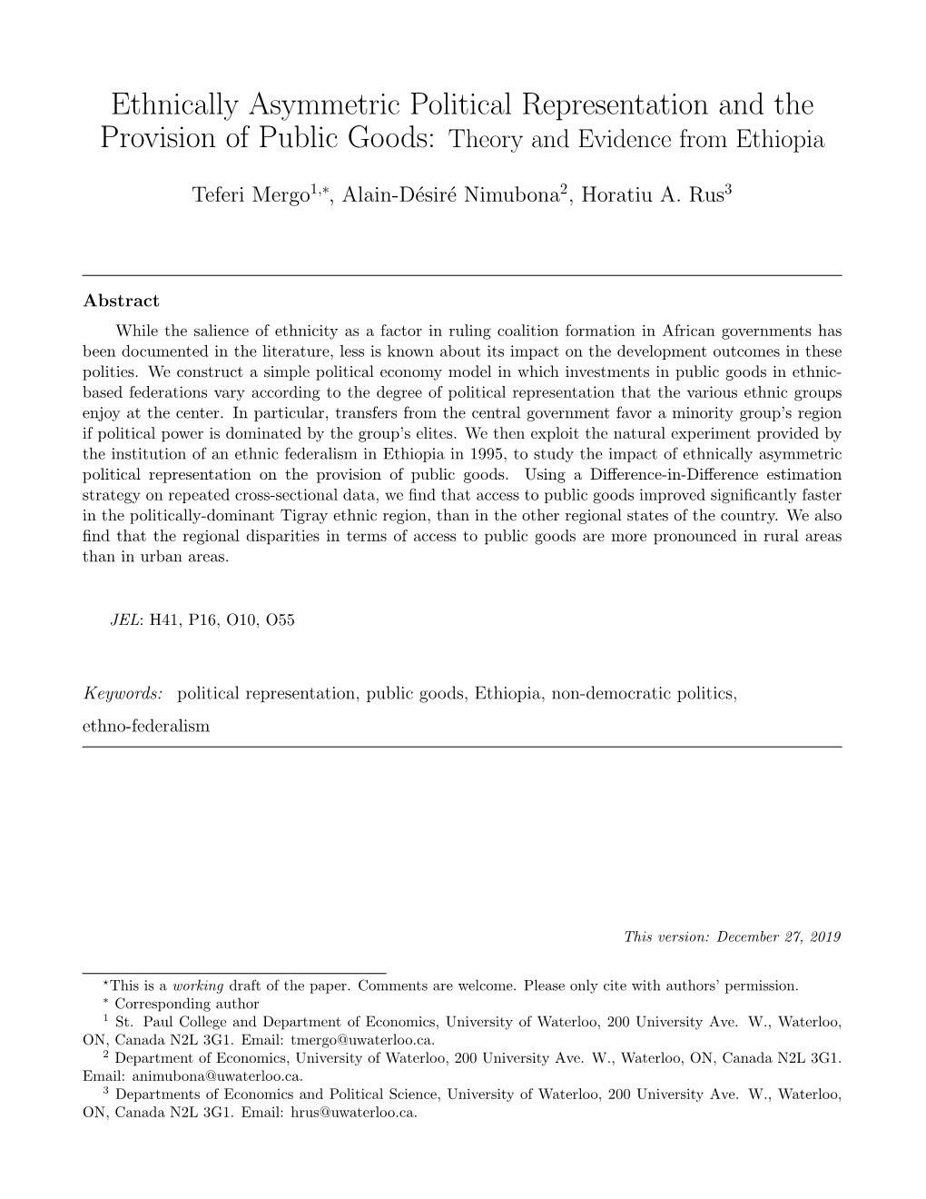 Ethnically Asymmetric Political Representation and the Provision of Public Goods: Theory and Evidence from Ethiopia