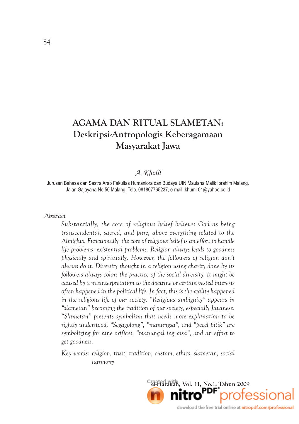 AGAMA DAN RITUAL SLAMETAN: Deskripsi-Antropologis Keberagamaan Masyarakat Jawa