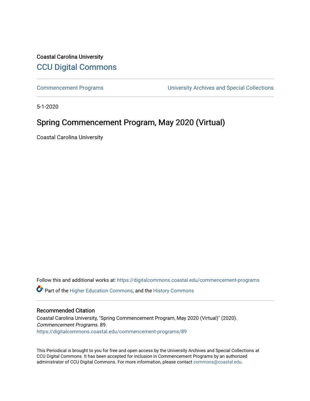 Spring Commencement Program, May 2020 (Virtual)