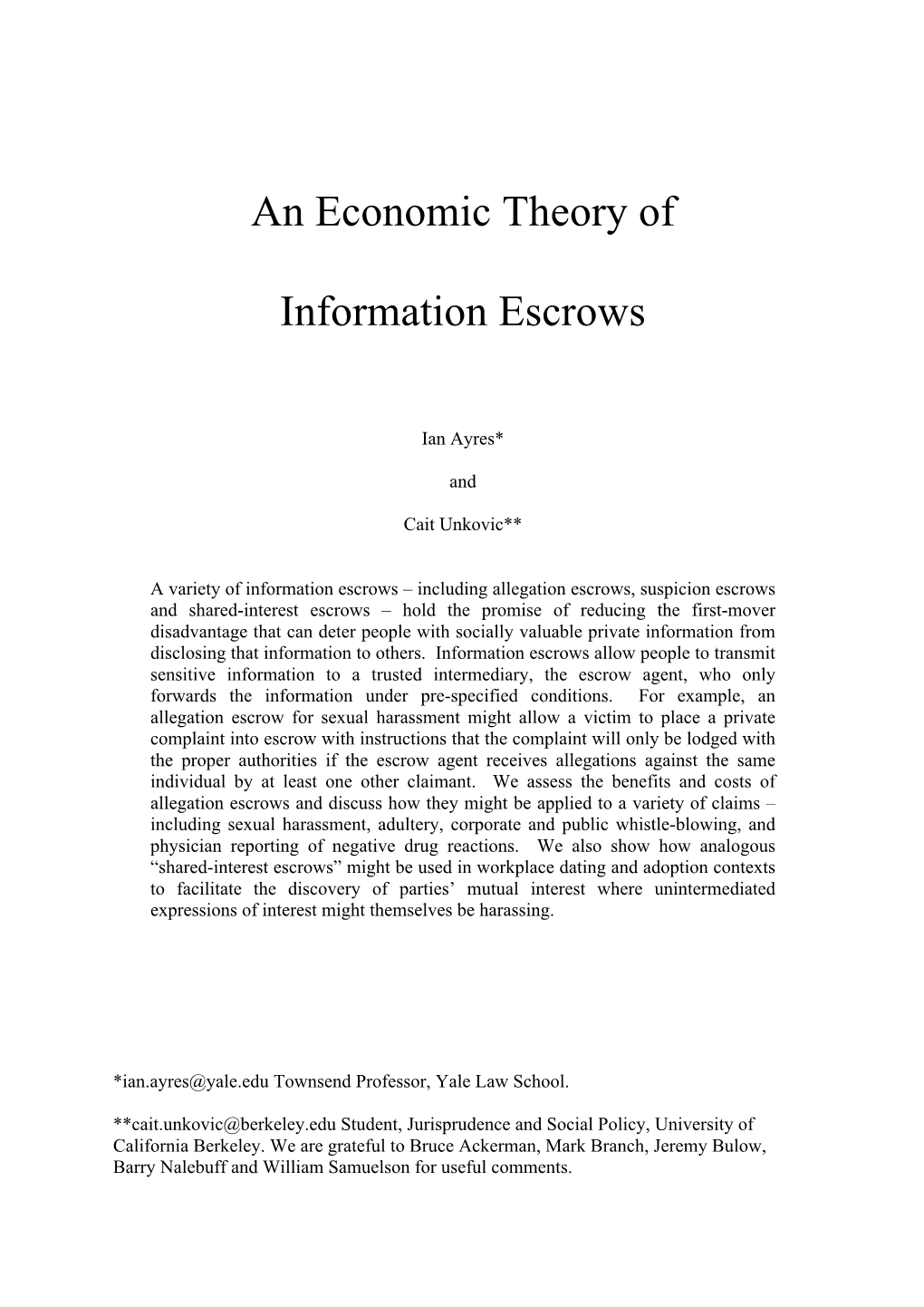 An Economic Theory of Information Escrows