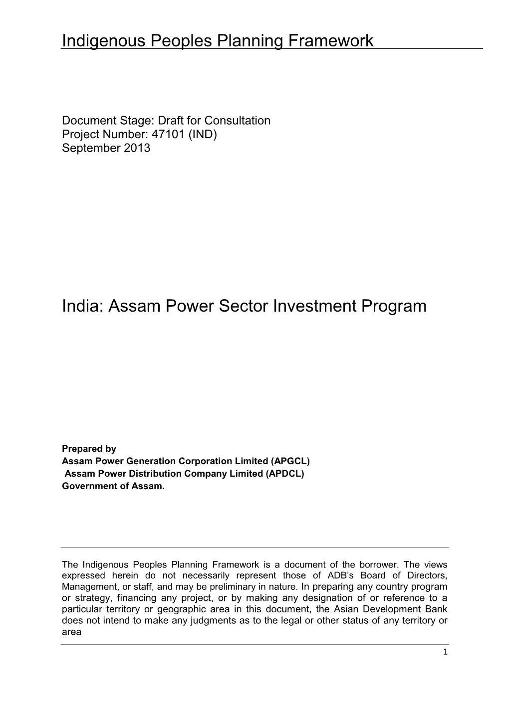 Indigenous Peoples Planning Framework India: Assam Power