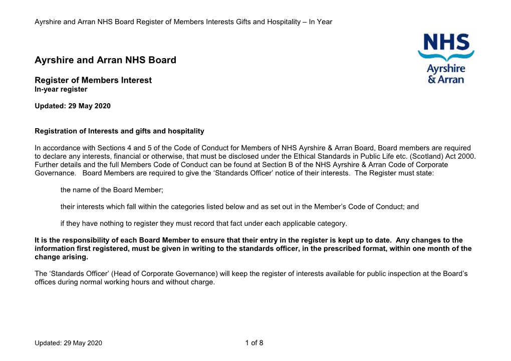 Ayrshire and Arran NHS Board Register of Members Interests Gifts and Hospitality – in Year