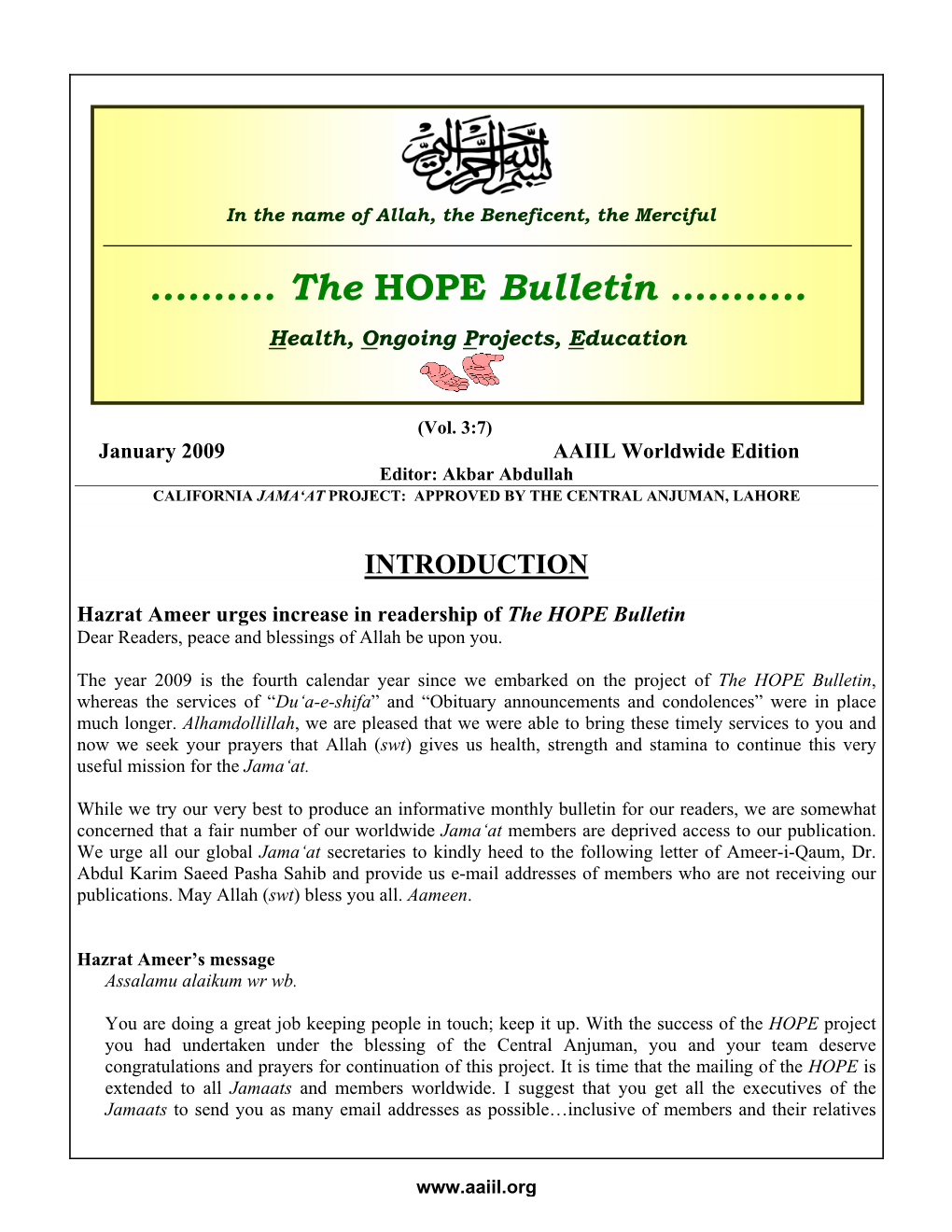 The HOPE Bulletin (January 2009) —