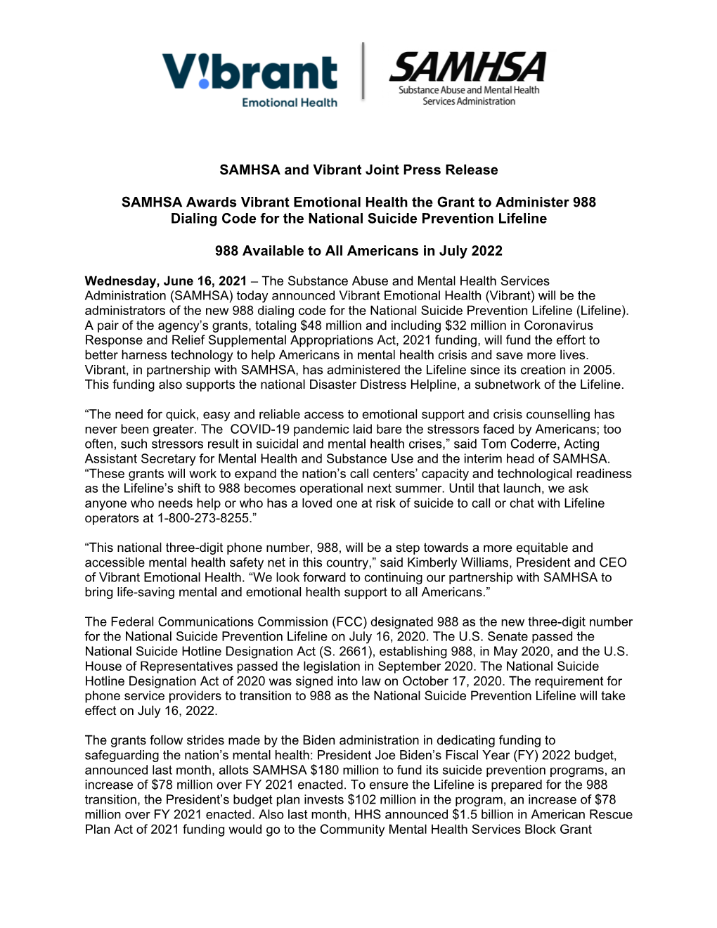 PRESS RELEASE: SAMHSA Awards Vibrant