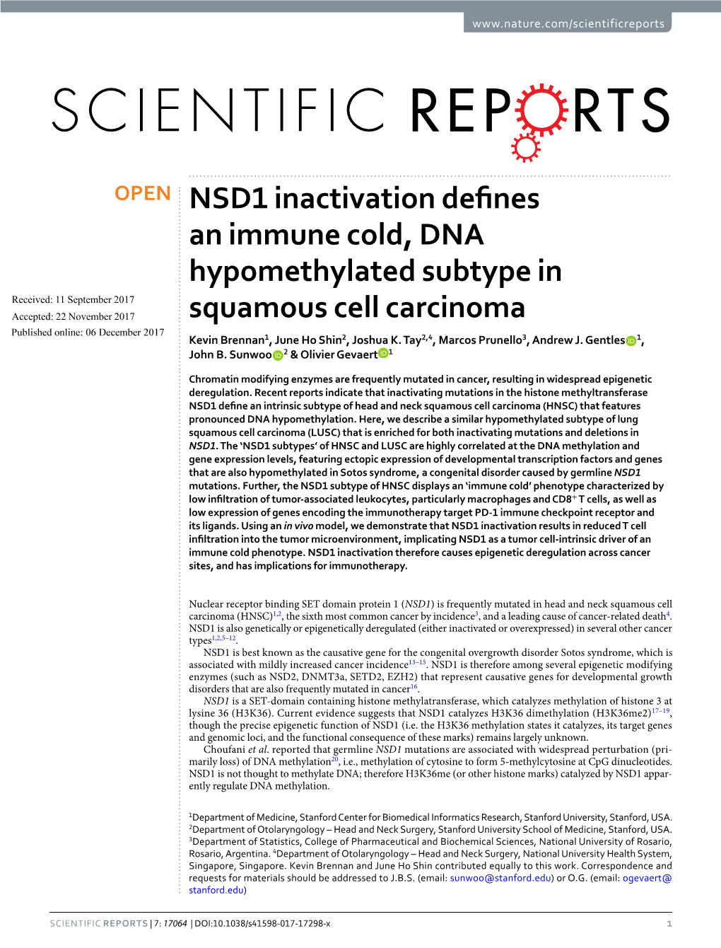 NSD1 Inactivation Defines an Immune Cold, DNA Hypomethylated Subtype