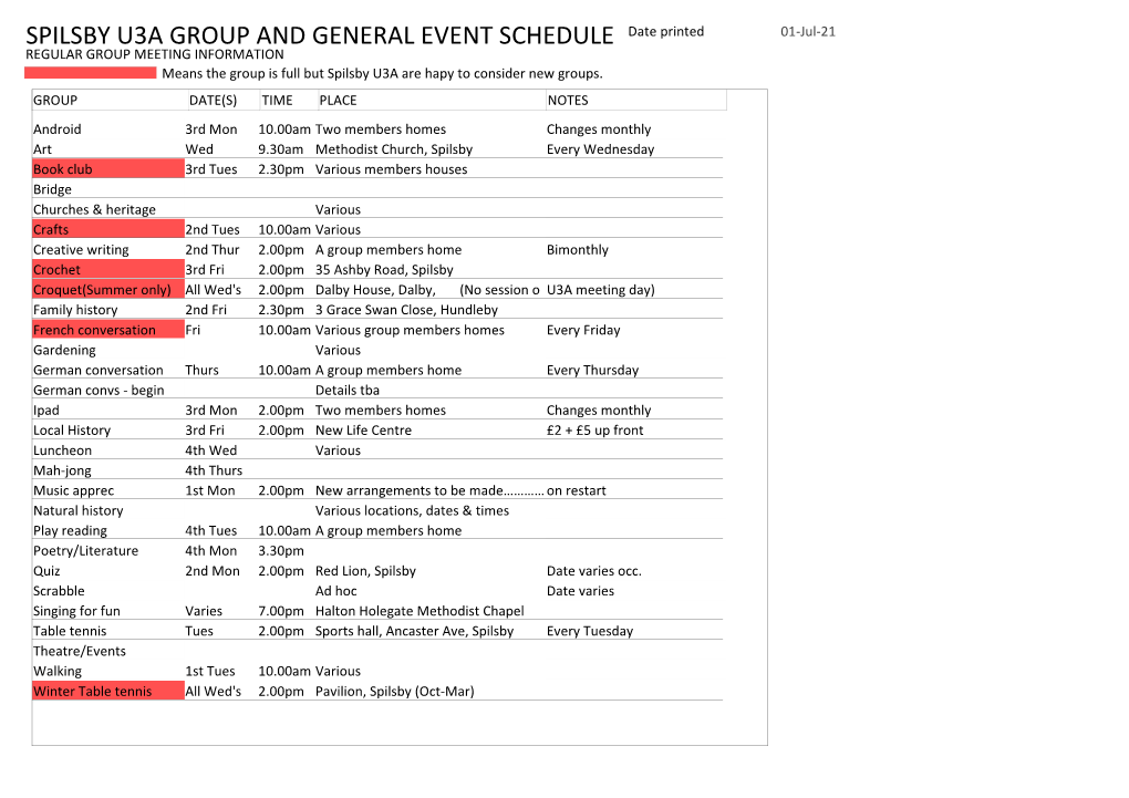 Spilsby U3a Group and General Event Schedule