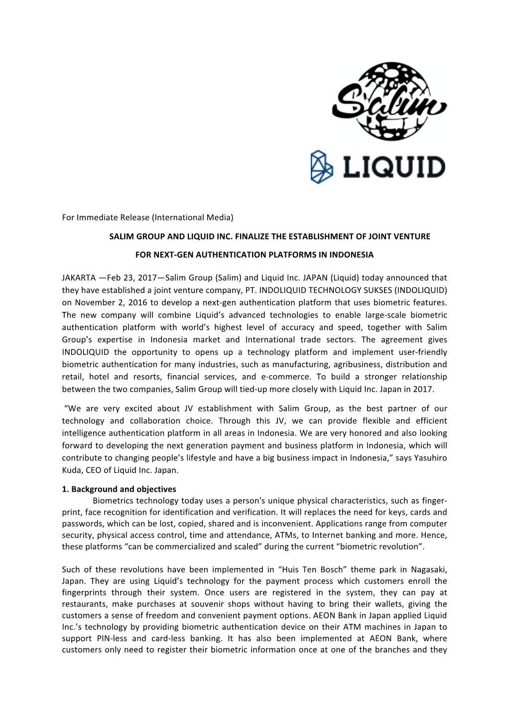 For Immediate Release (International Media) SALIM GROUP and LIQUID INC. FINALIZE the ESTABLISHMENT of JOINT VENTURE for NEXT