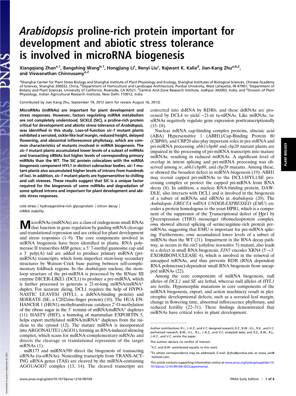 Arabidopsis Proline-Rich Protein Important for Development and Abiotic Stress Tolerance Is Involved in Microrna Biogenesis