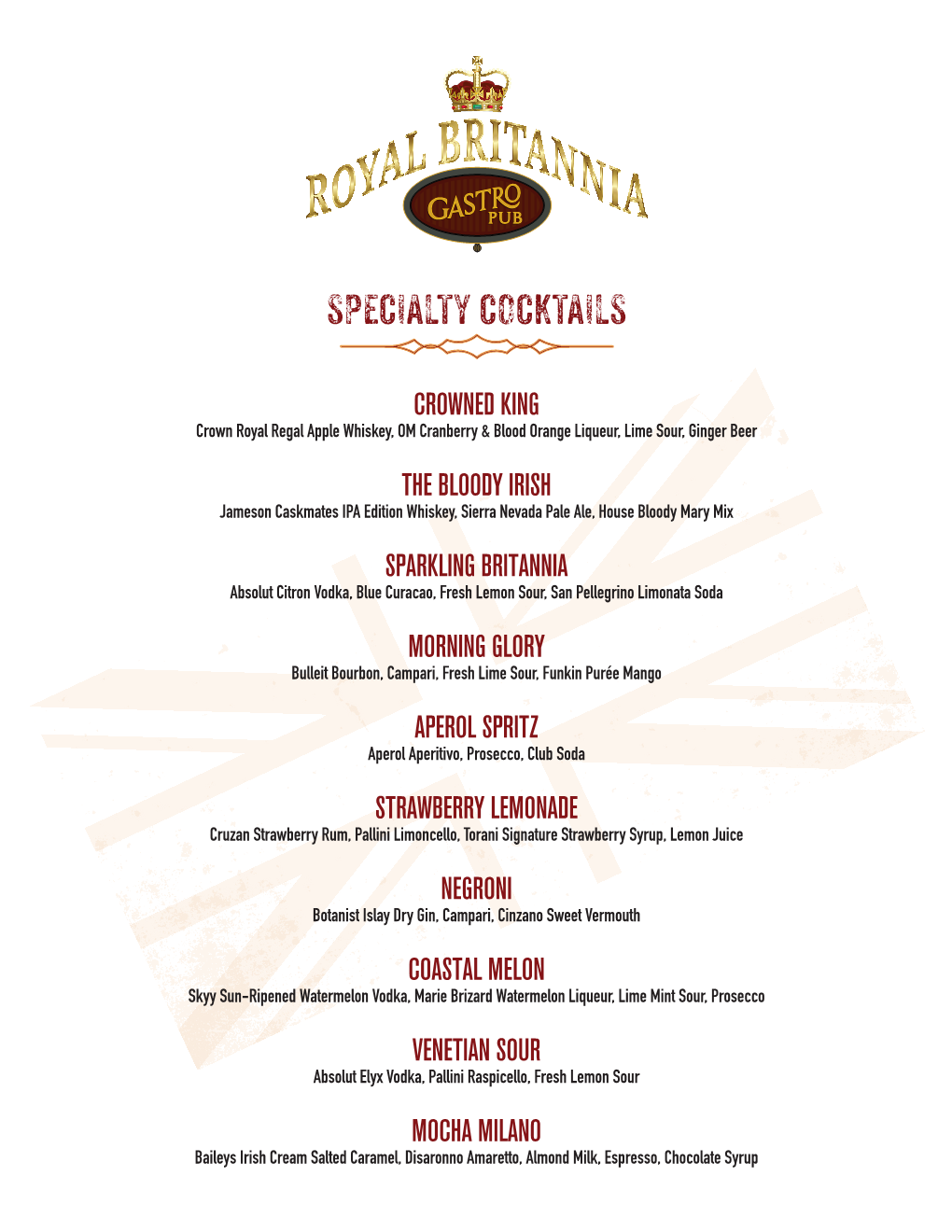 Bar Menu | Royal Britannia Gastropub